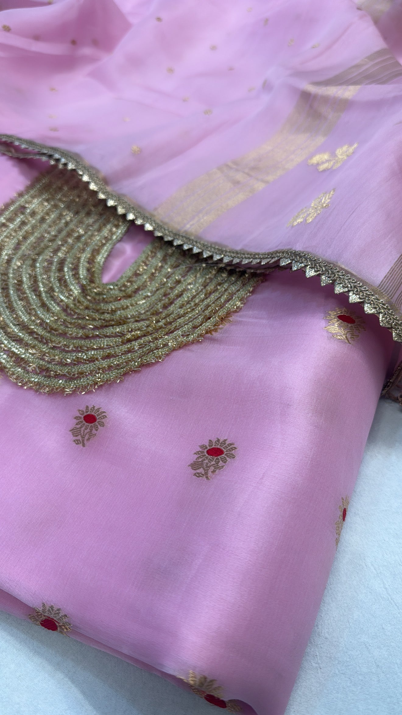 Blush pink kora silk gotapatti hand embroidered suit set