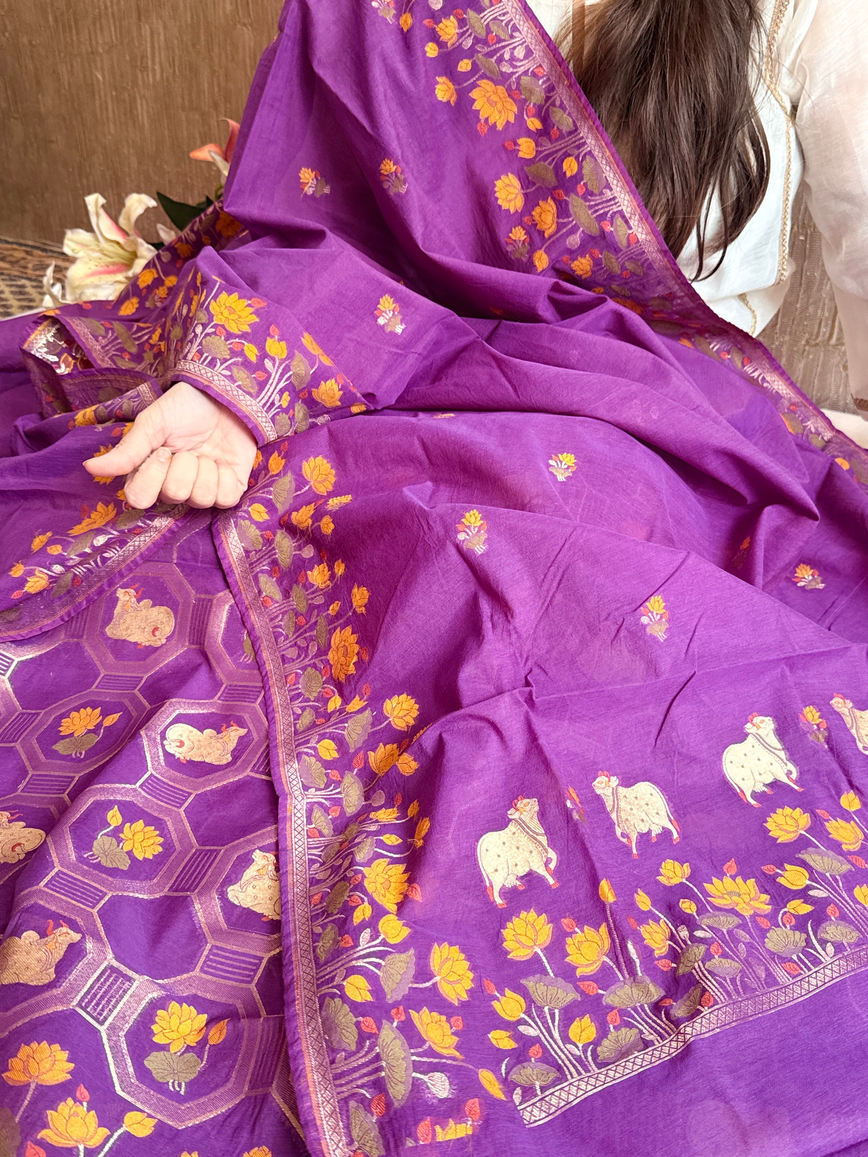 Mul cotton banarasi meenakari nandu motif suit sets