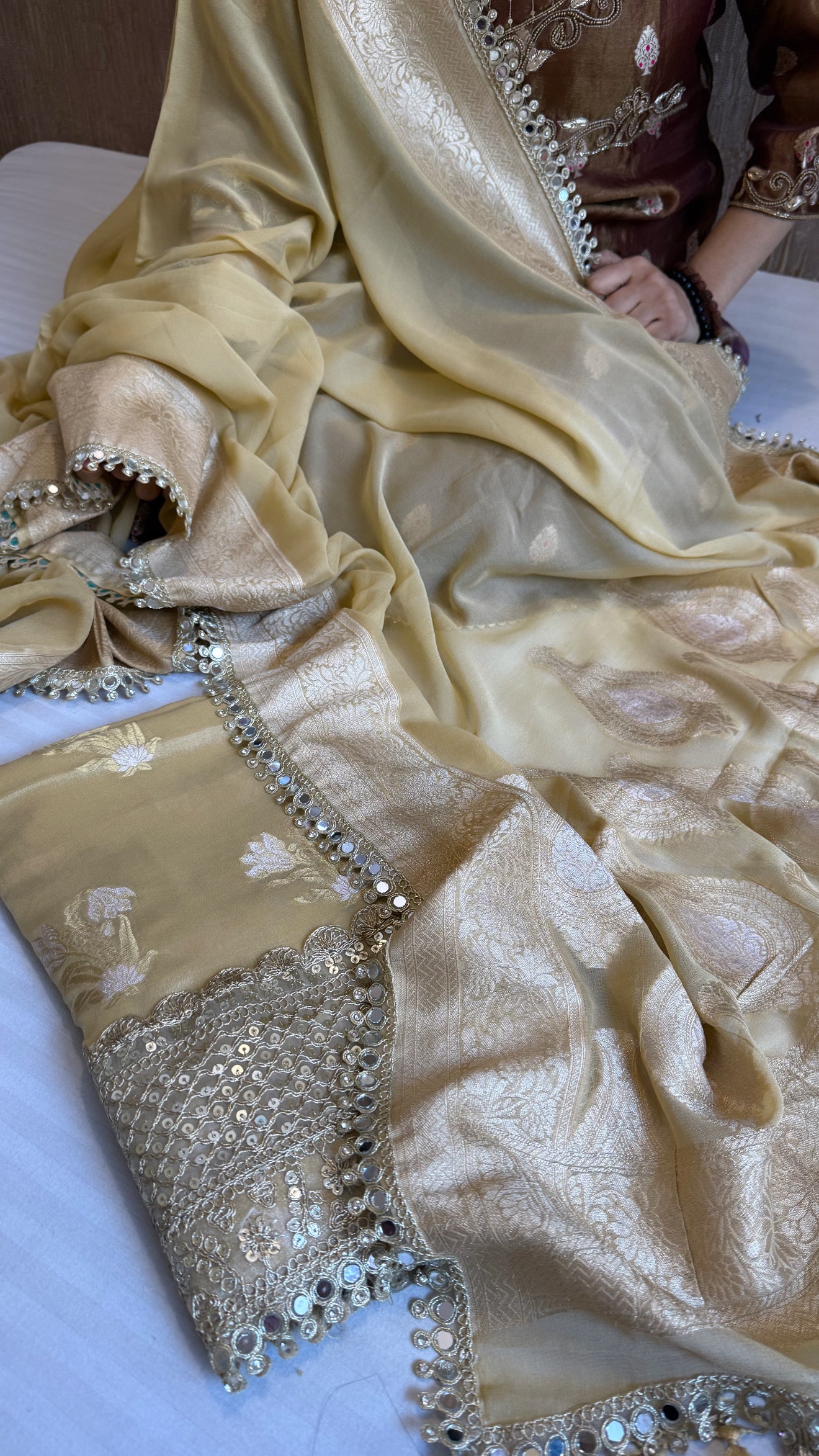 Banarasi dusty gold gorgette mirror work gotapatti suit set