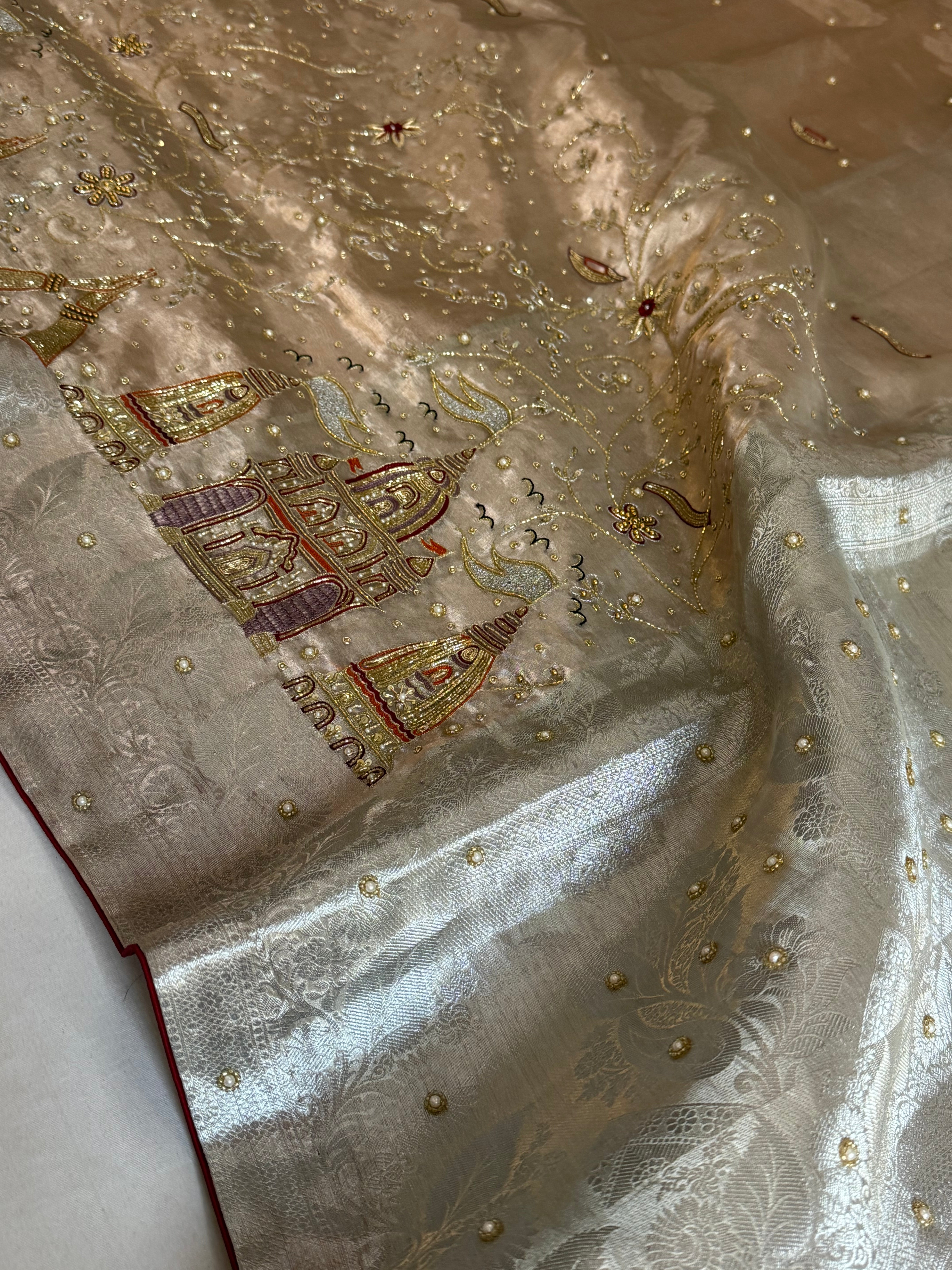 Aashirwad wali saree - tissue silk hand embroidered kadhwa saree in silver zari