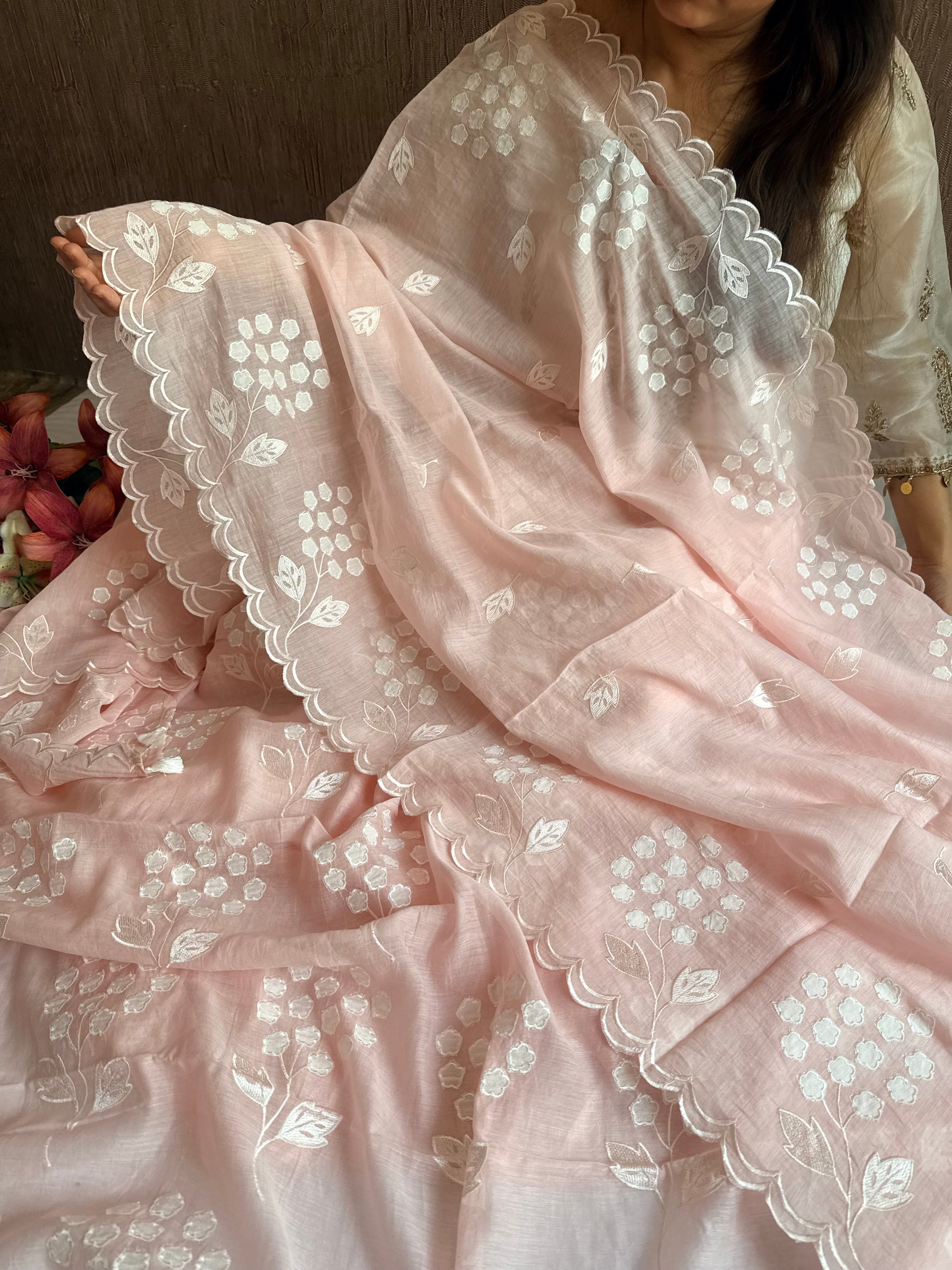 Alia bhatt inspired blush peachy pink mulmul appliqué work suit set