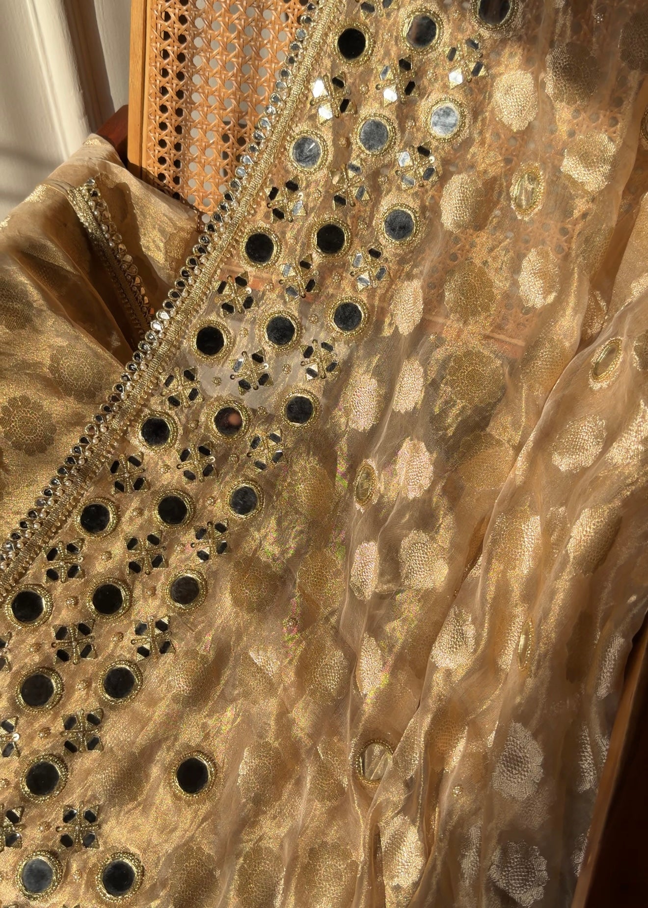 Butter gold kaanch wali mirrorwork hand embroidered tissue silk buti saree