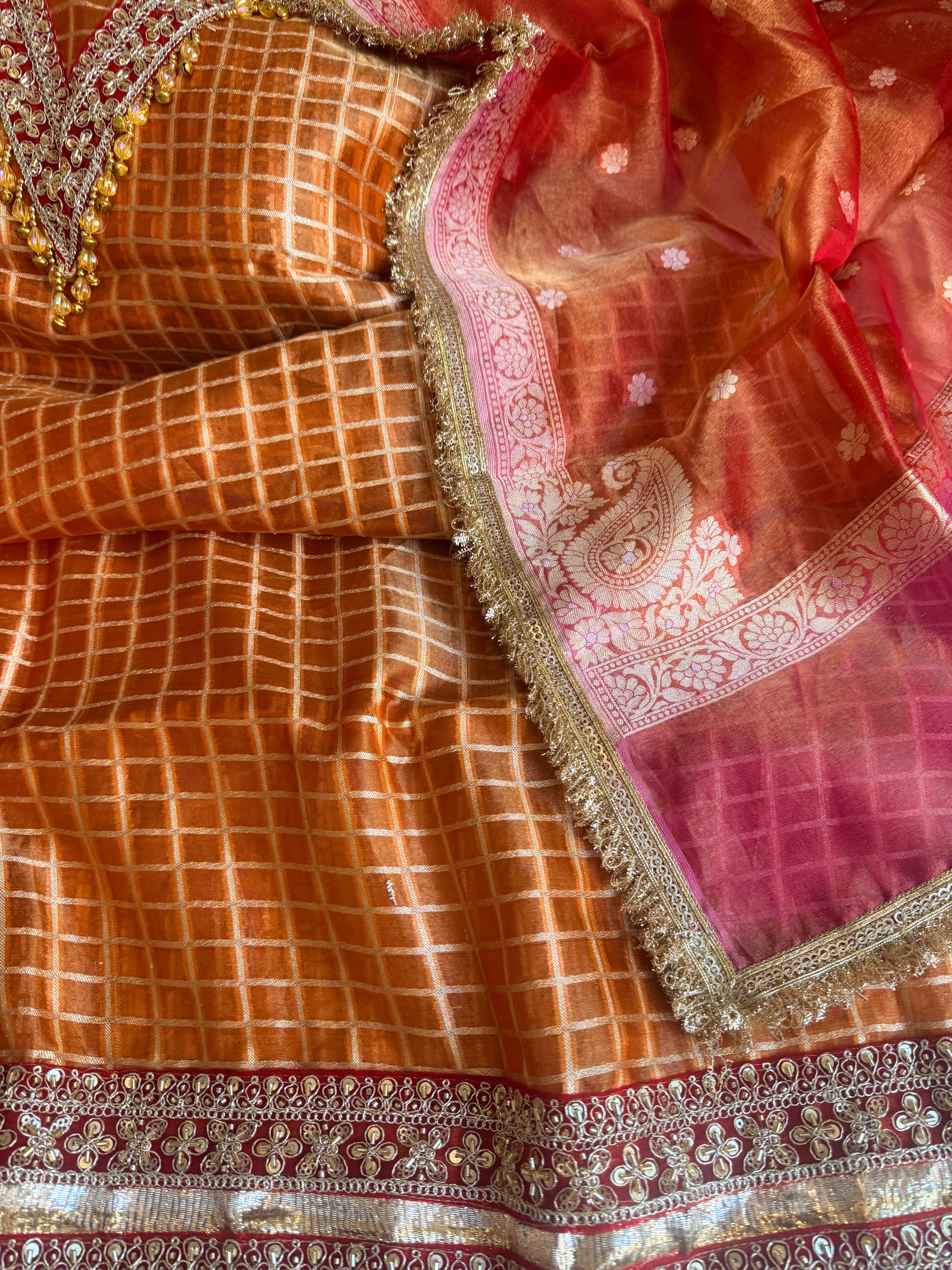 Banarasi tissue silk lampiwork chap dye hand embroidered embellished suit set