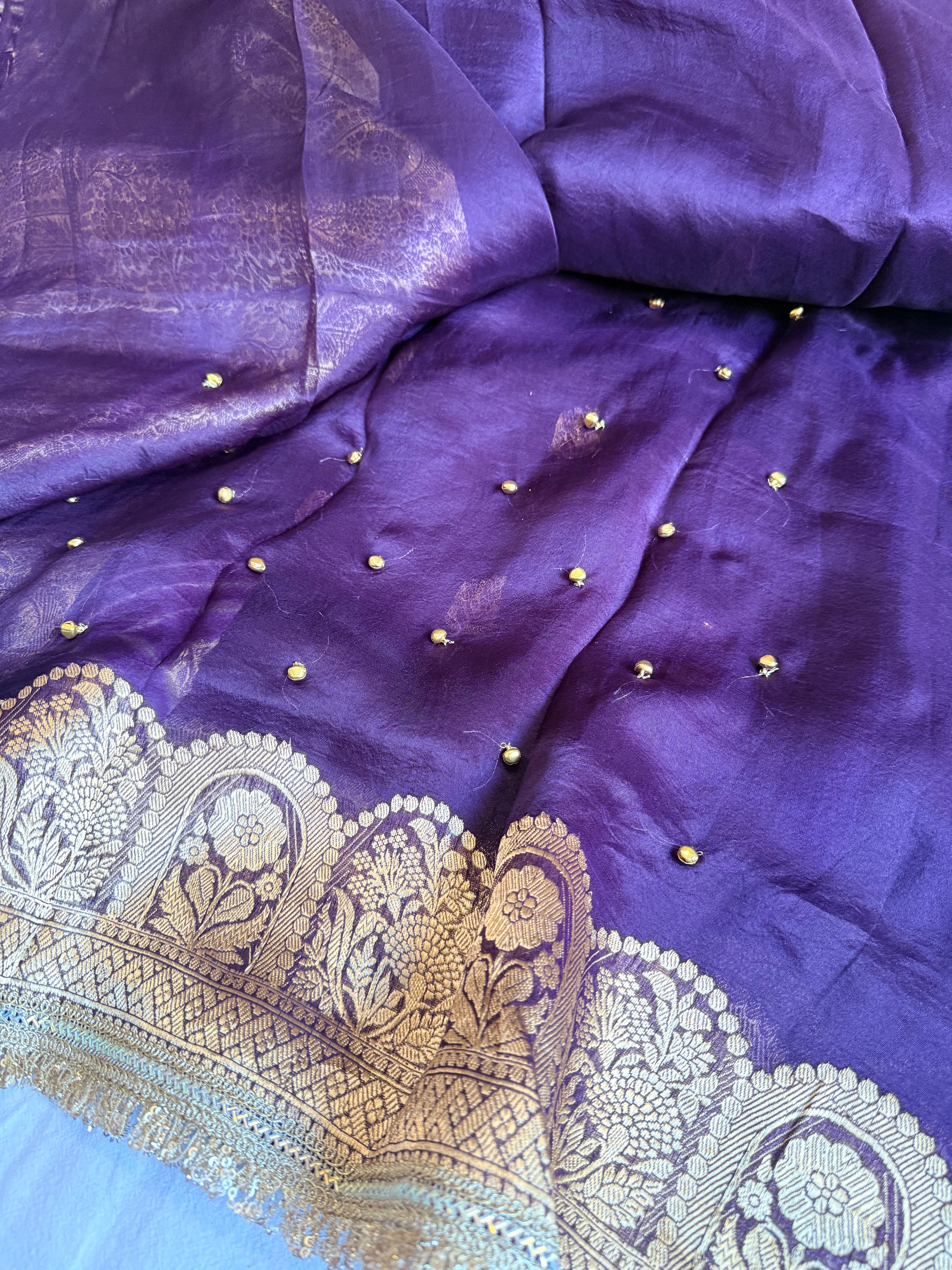Brinjal purple banarasi kora silk arshi dyed kadhwa saree