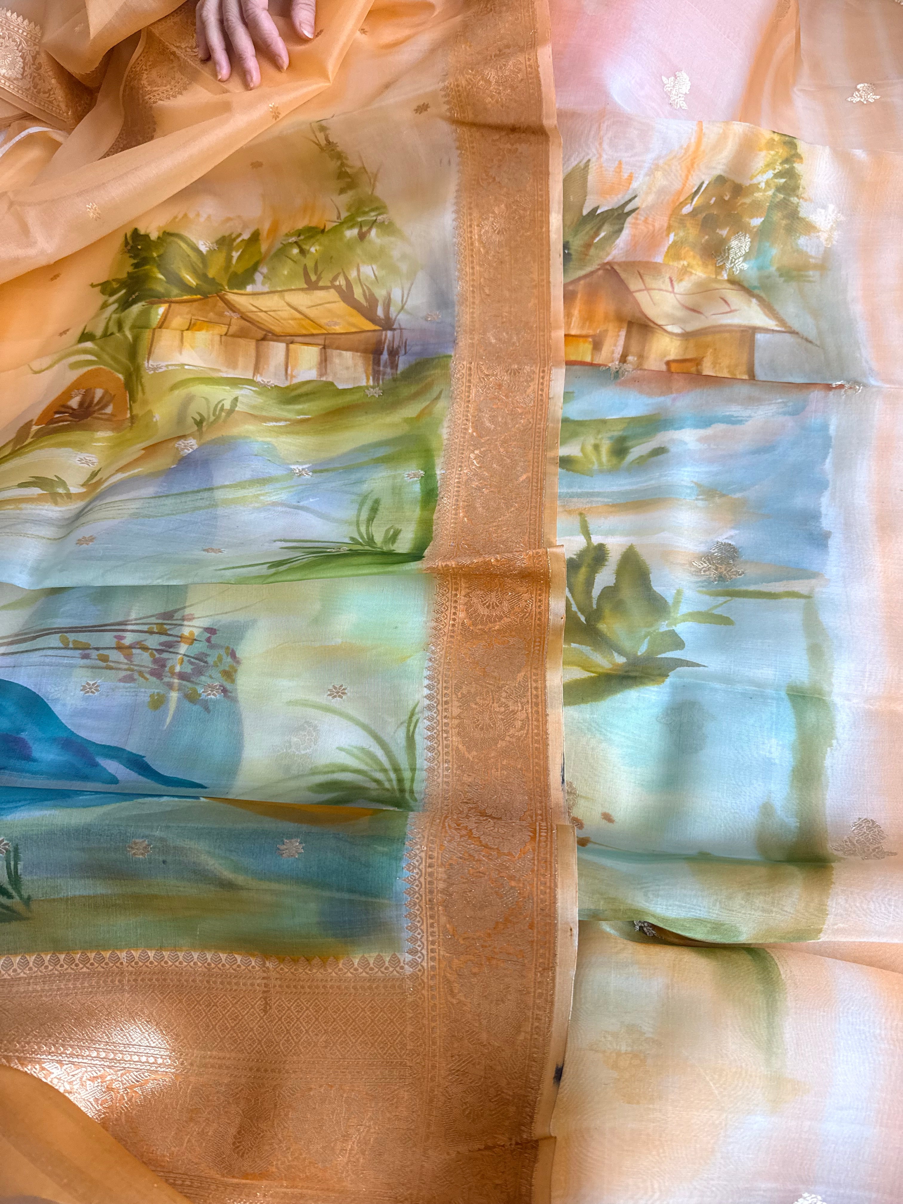 Banarasi kora silk handpainted ghatwork kadhwa buti rainbow dye suits