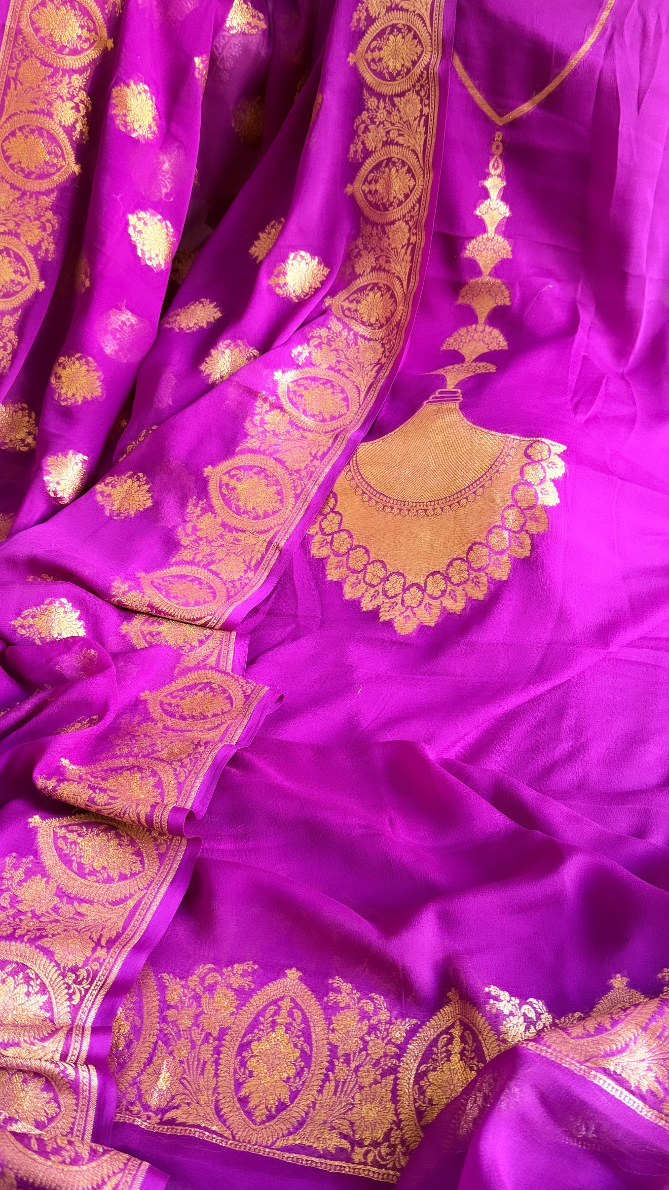 Neck & Pocket weaving - Chiffon gorgette bright purple kadhwa weaving suit set
