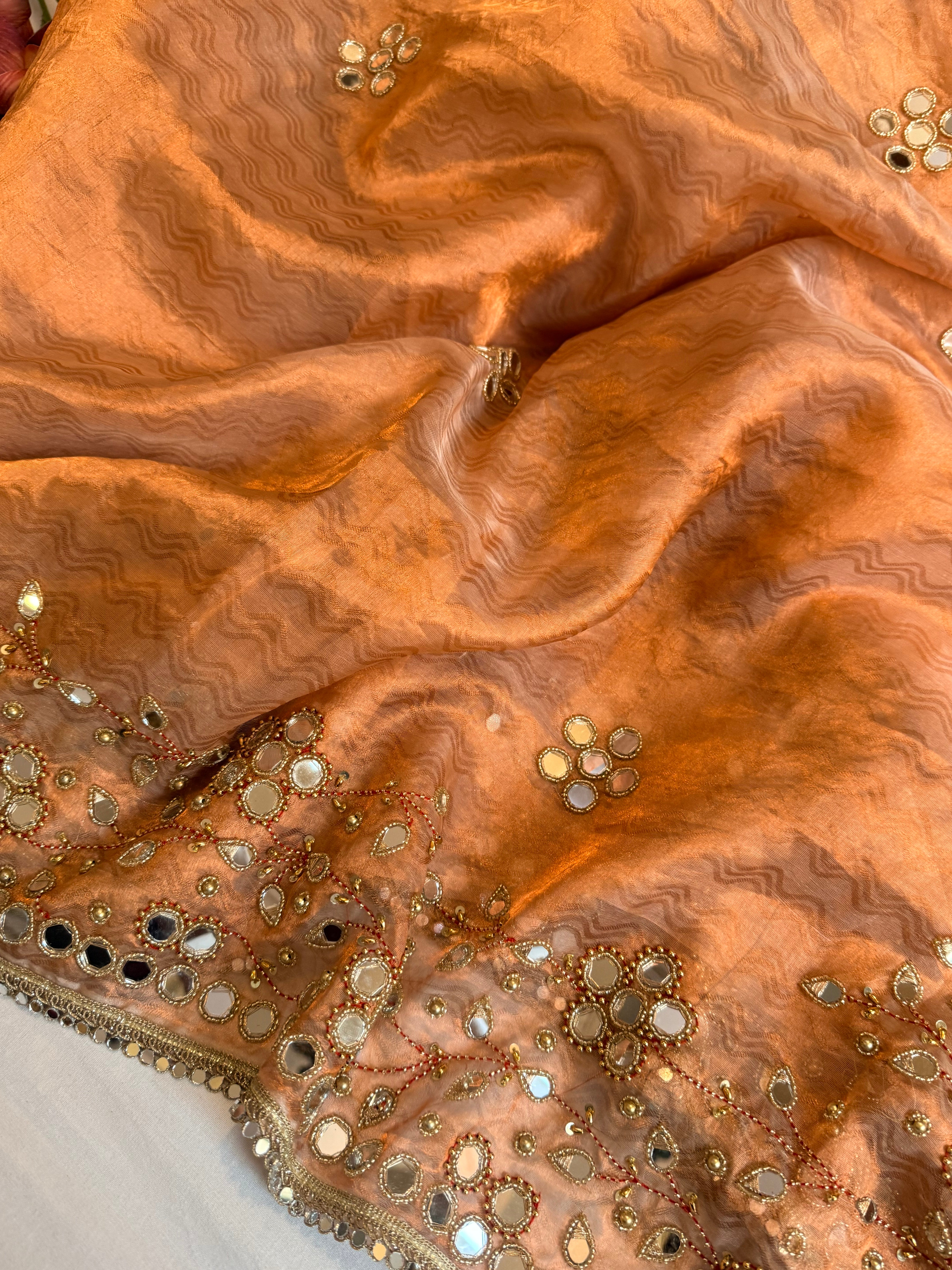 Mirrorwork & Jadauwork border tissue silk hand embroidered kadhwa copper saree