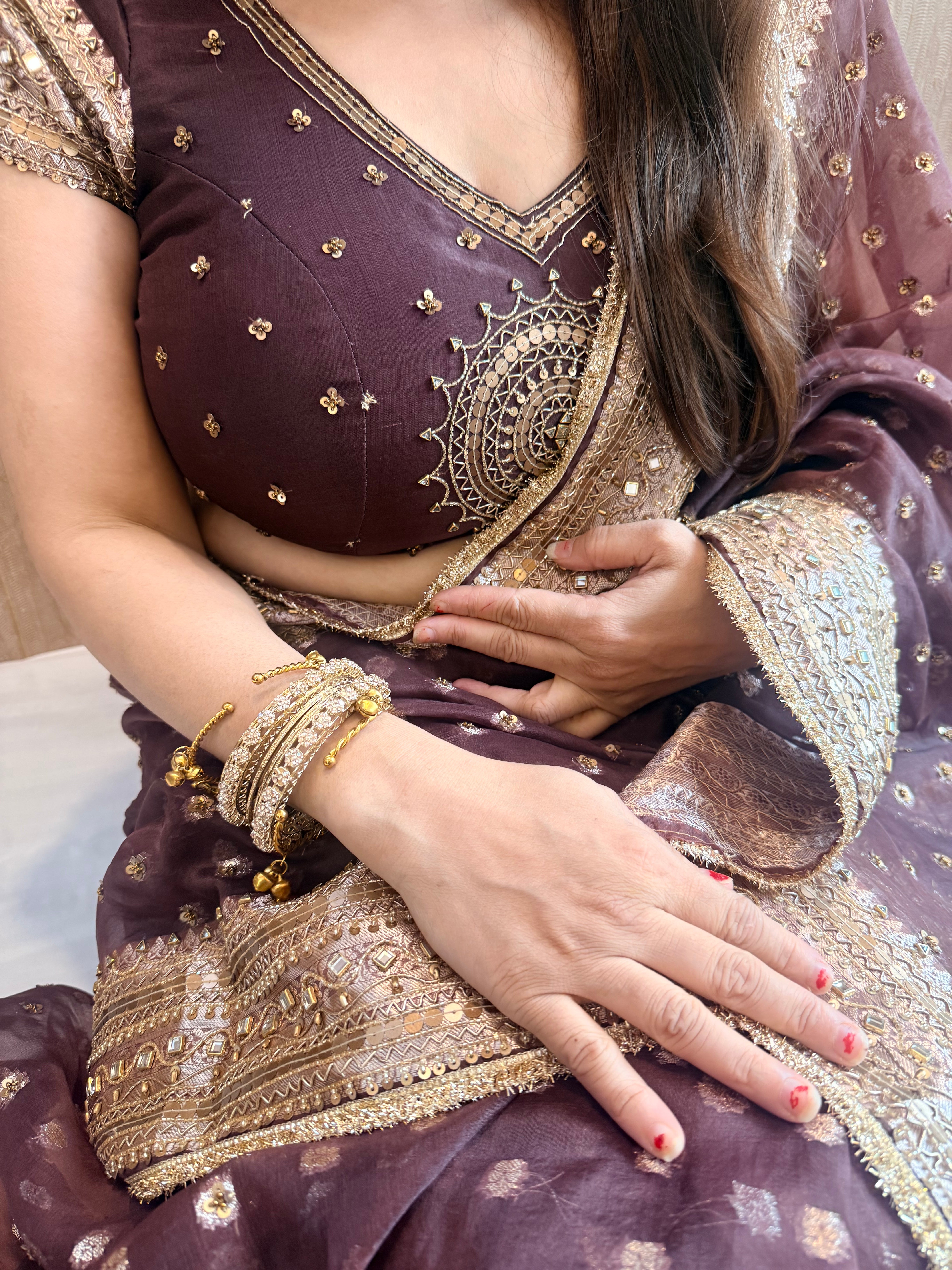 Coffee brown kora silk bollywood inspired antique work hand embroidered saree ( Blouse stitched size M-L )