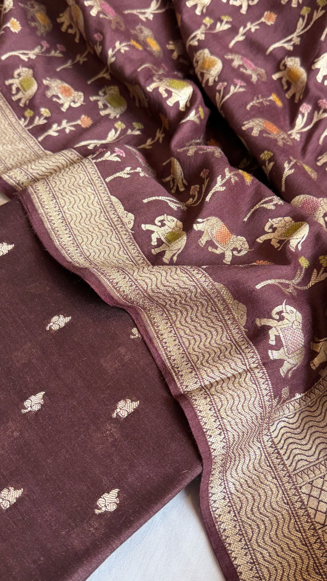 Deep wine moonga silk elephant motif kadhwa weaving suit set