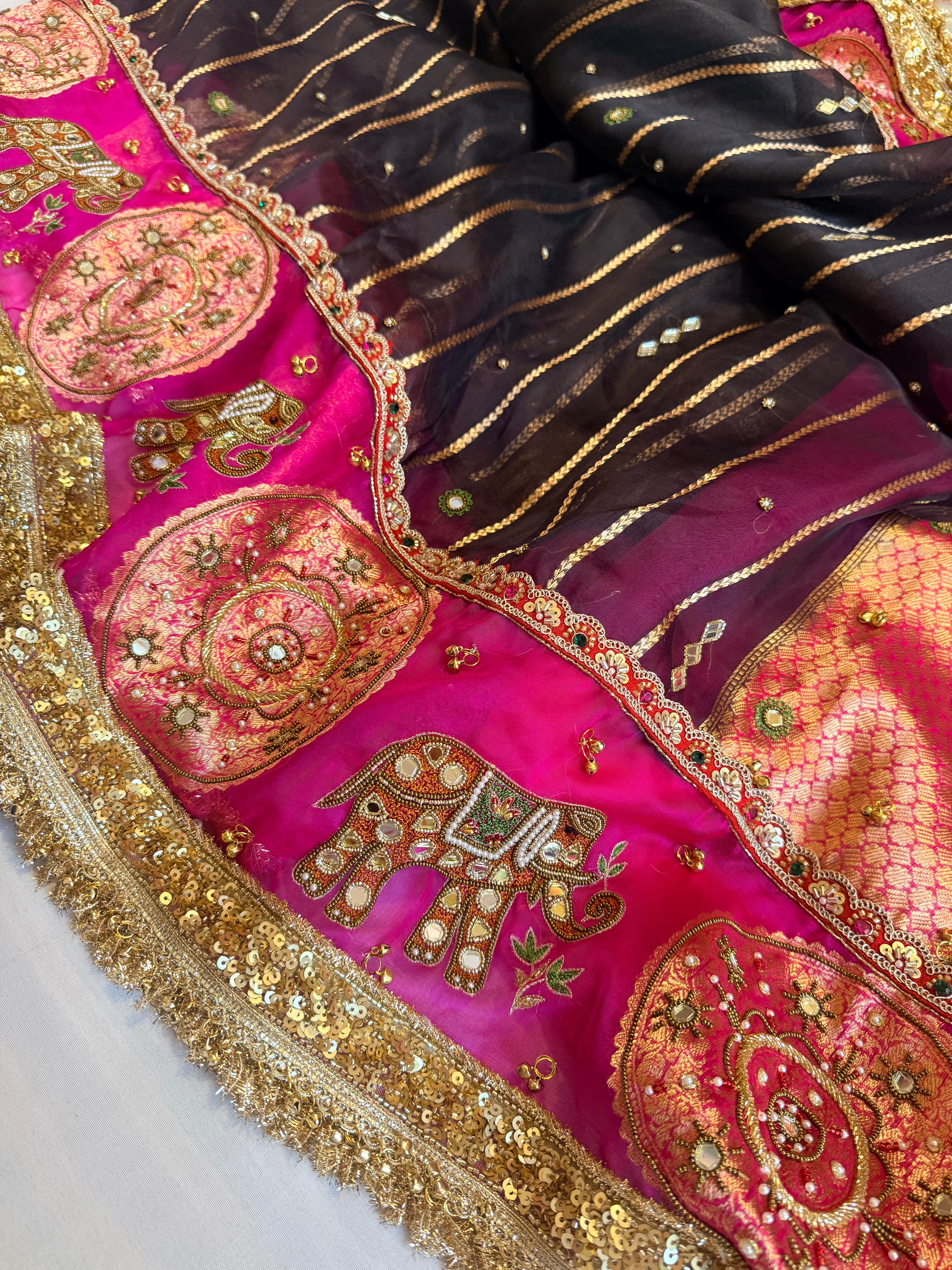 Navratan edit - Gola buti and hathi work hand embroidered kora silk saree