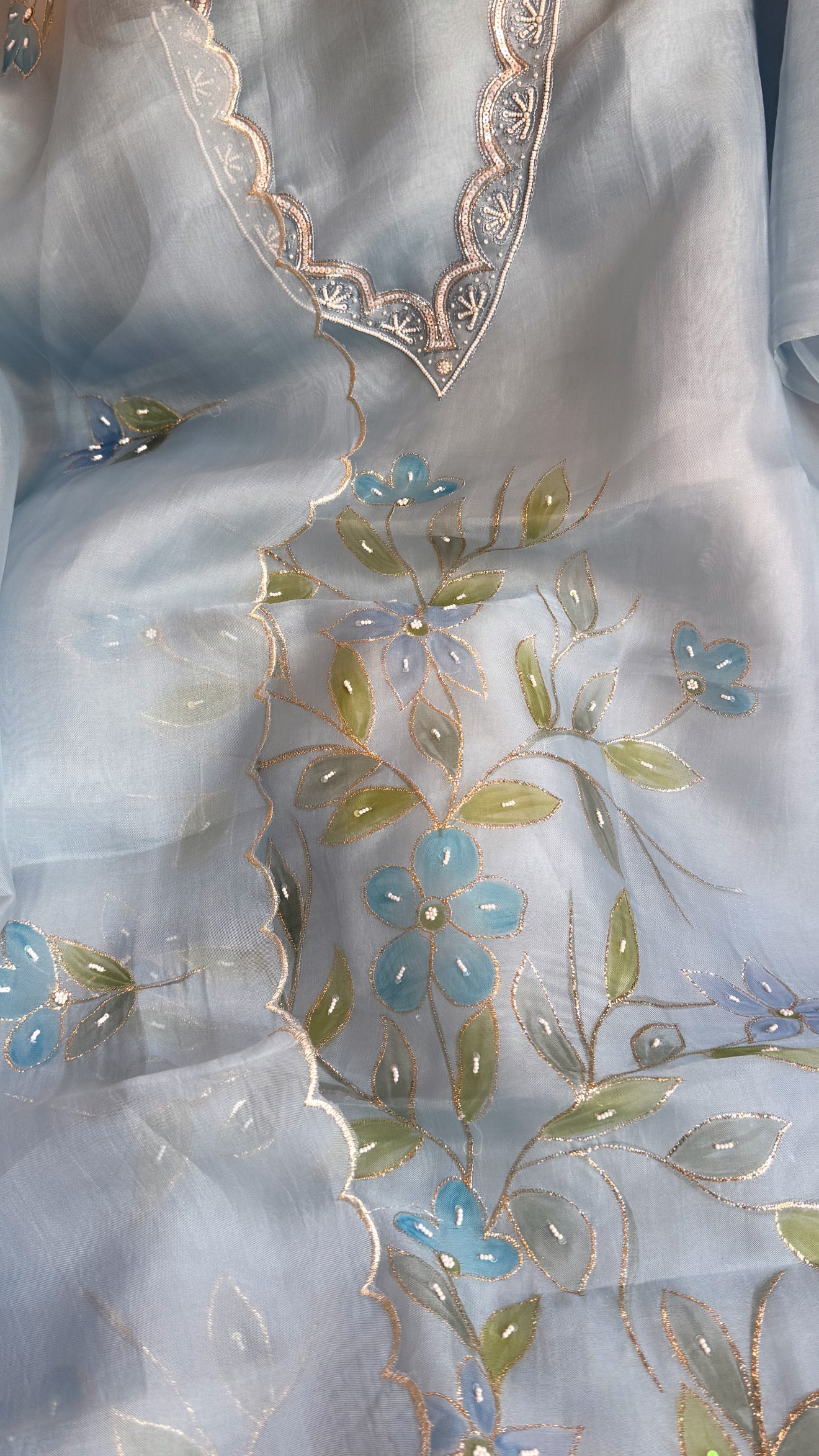 Baagicha edit - Banarasi kora silk handpainted floral hand embroidered suit set