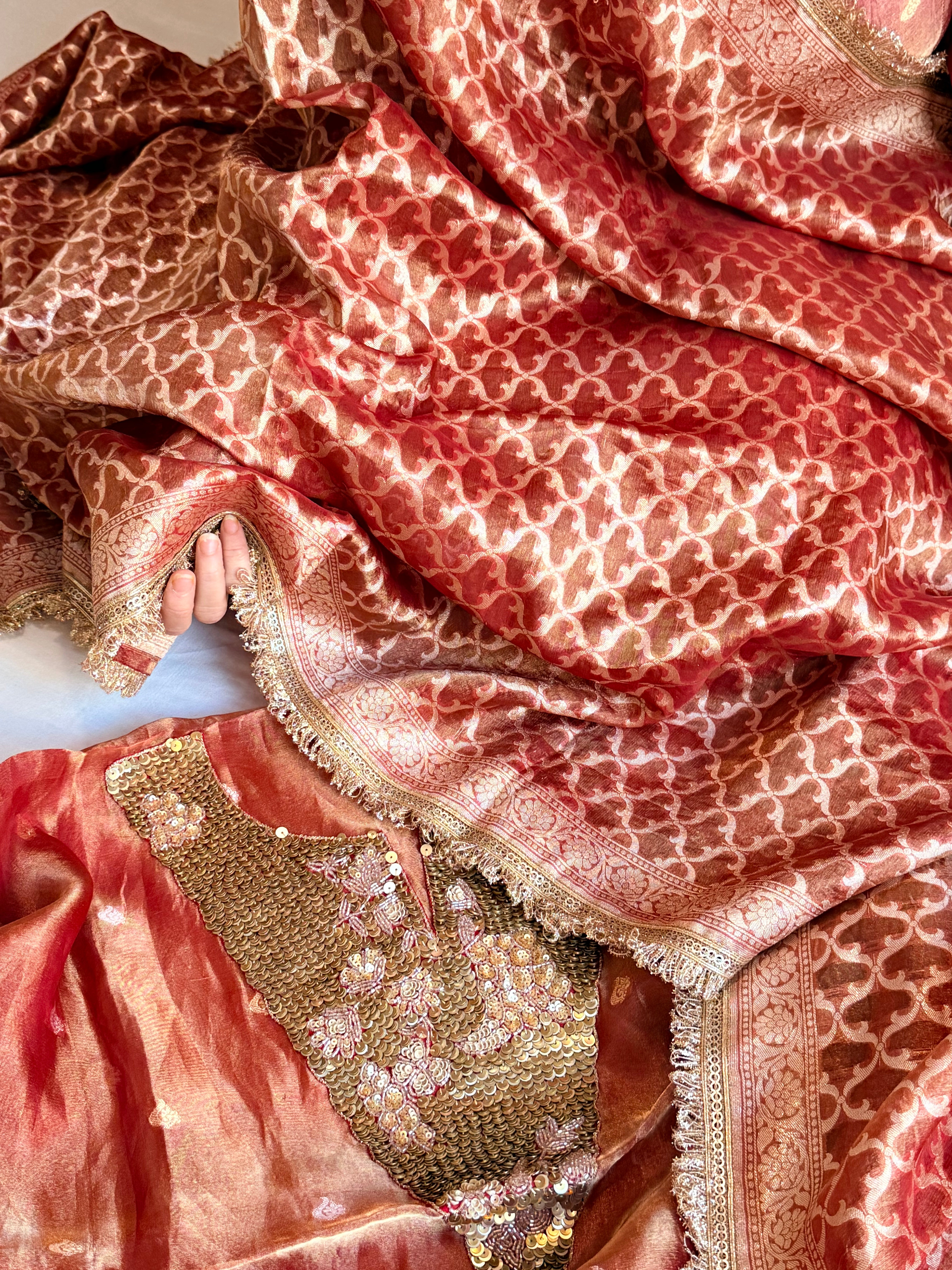 Karwachauth edit tissue silk sequins work hand embroidered suits