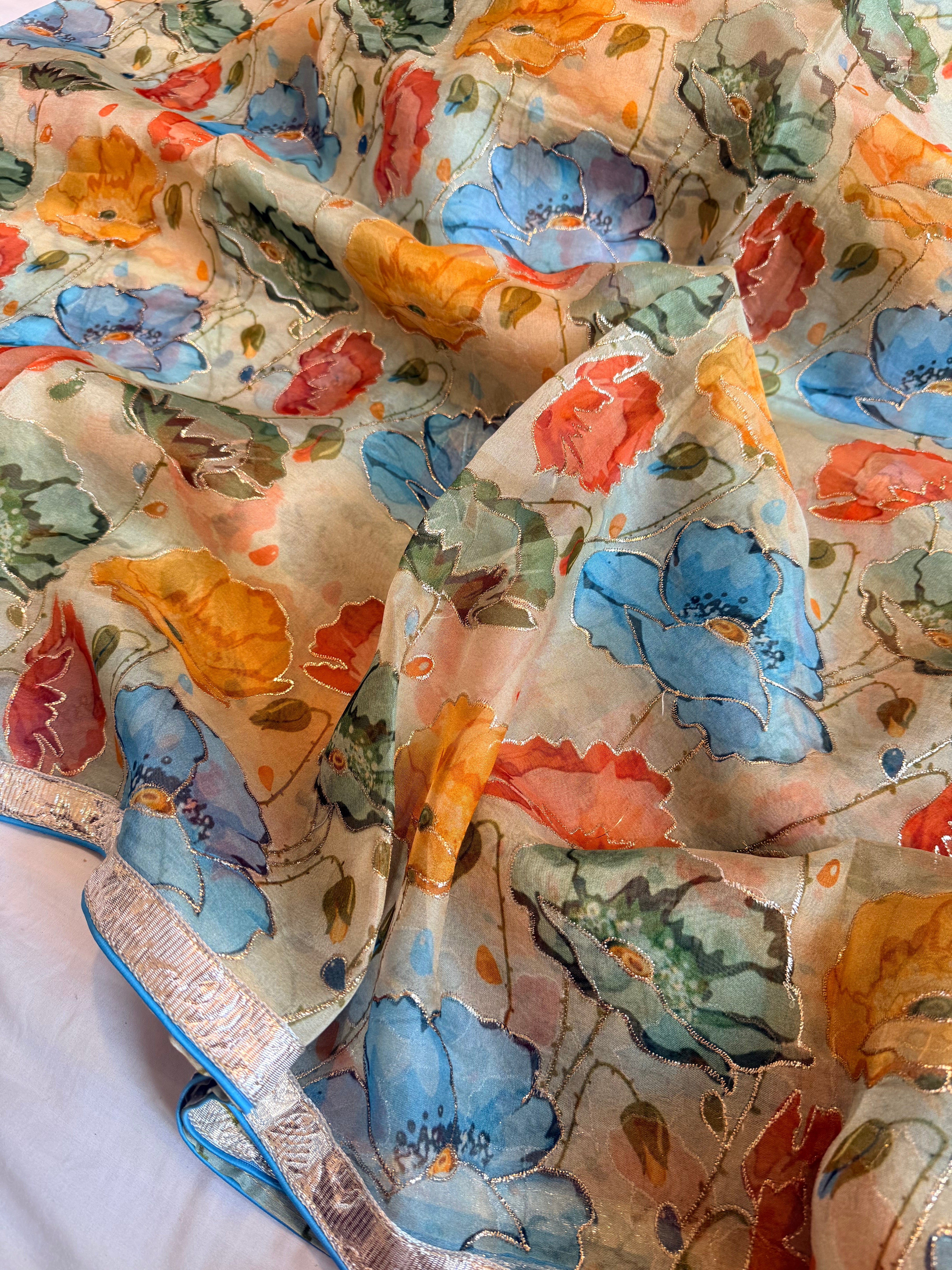 Kora silk printed lampi gotapatti hand embroidered saree
