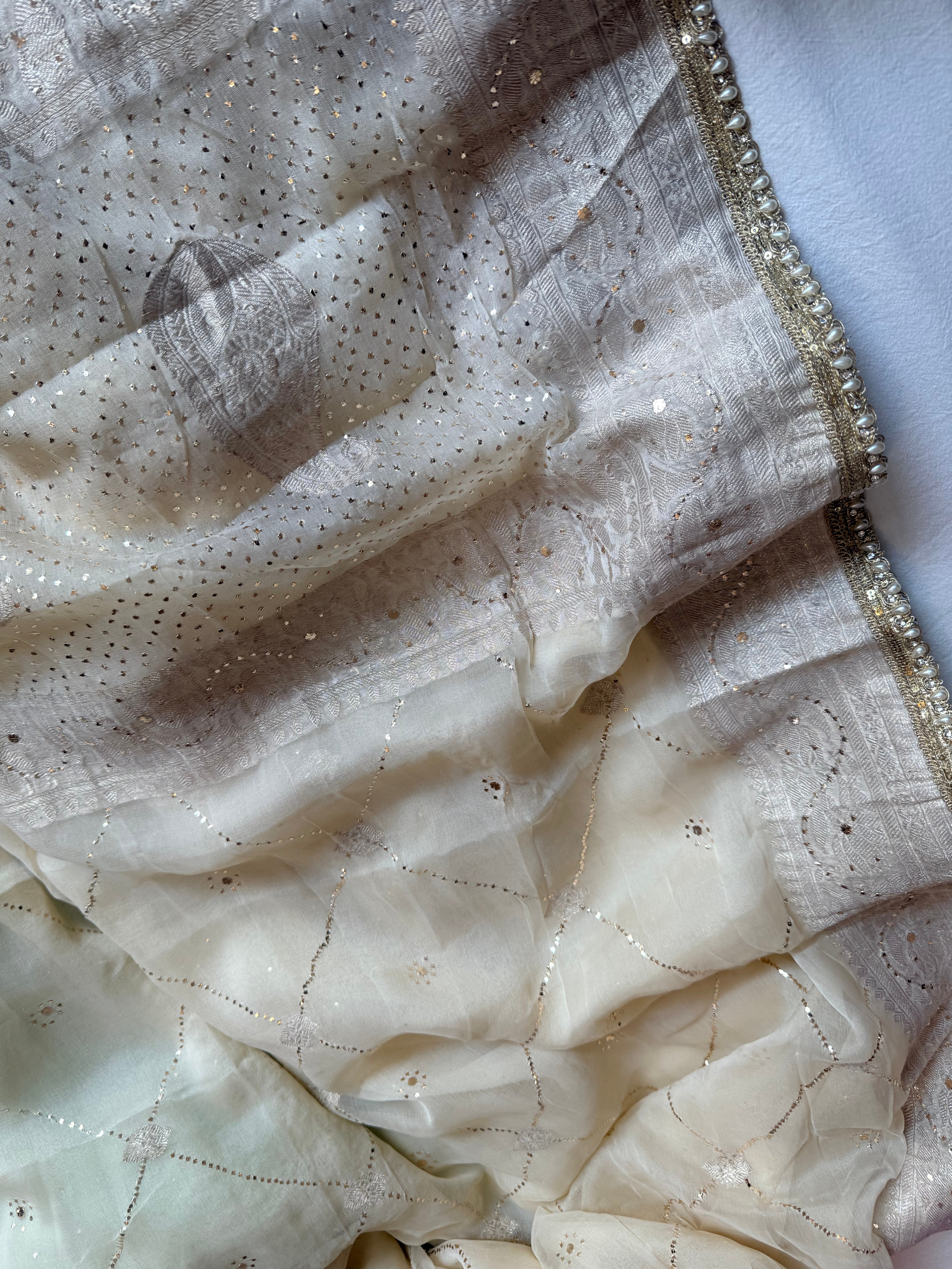 Chiffon gorgette banarasi champagne gold mukaish work hand embroidered saree