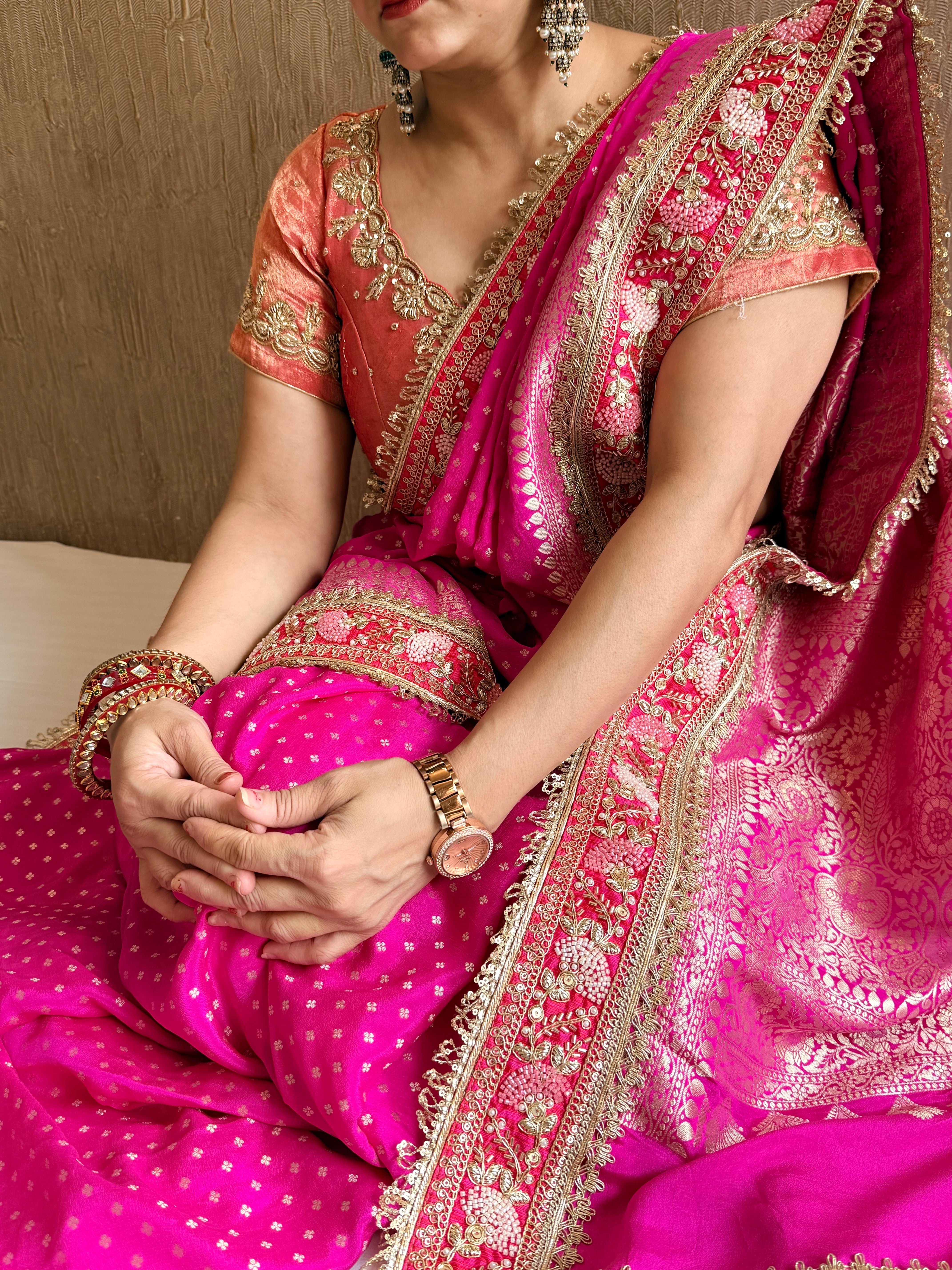 Hot pink moonga silk hand embroidered kadhwa weaving saree