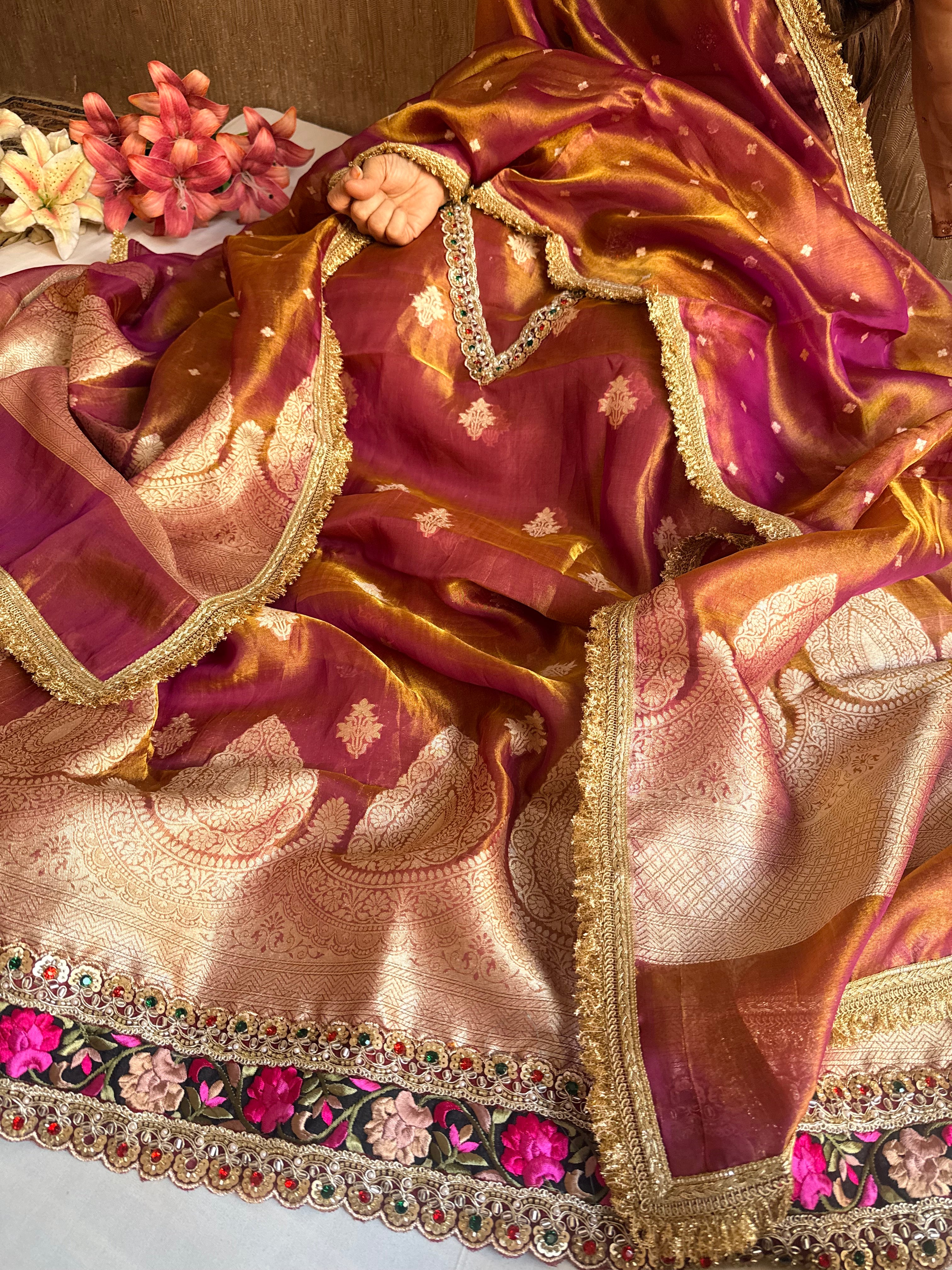Navratna purple tissue silk kadhwa buti hand embroidered suit sets