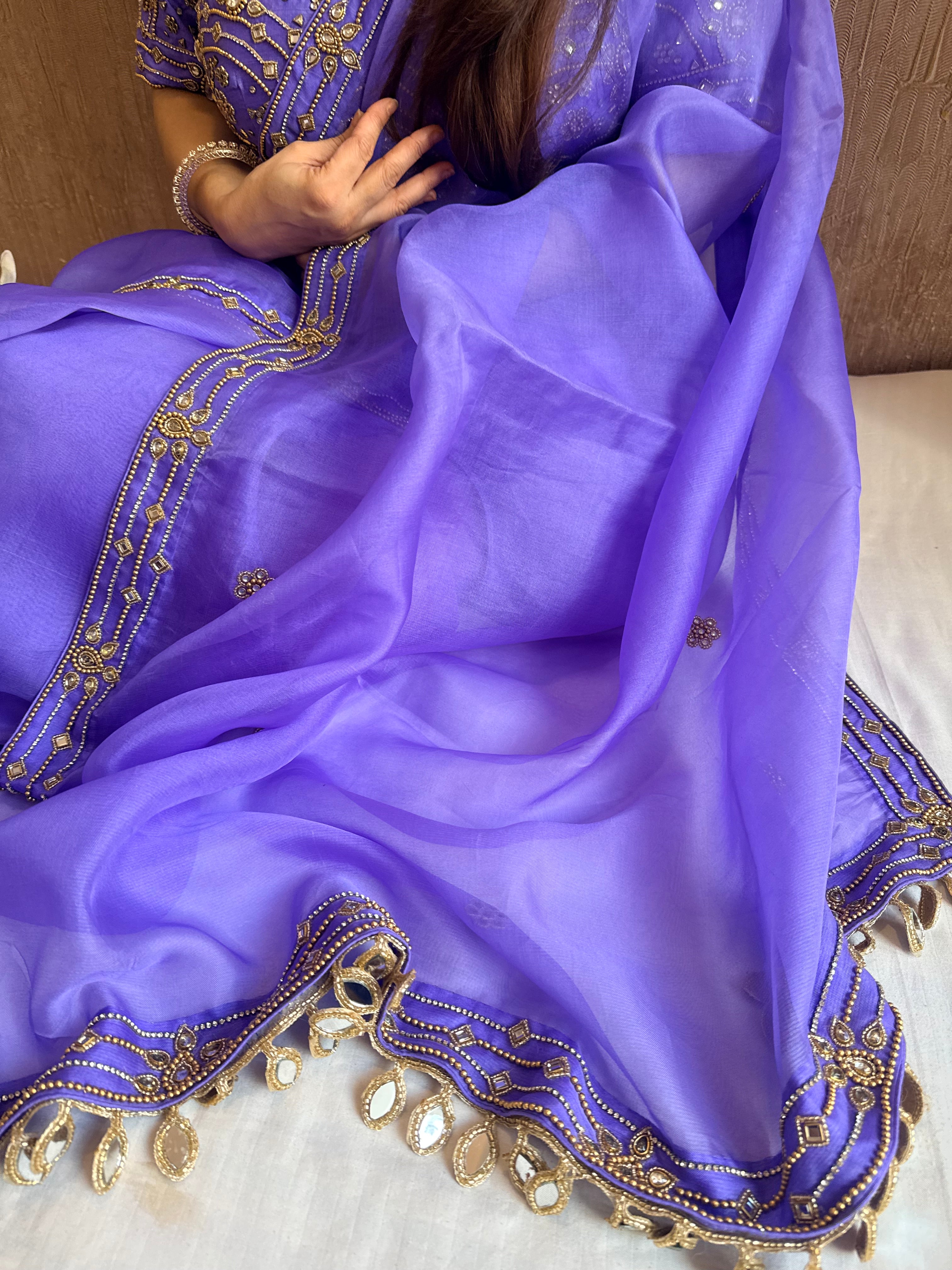 Banarasi violet kora silk polki hand embroidered kadhwa saree