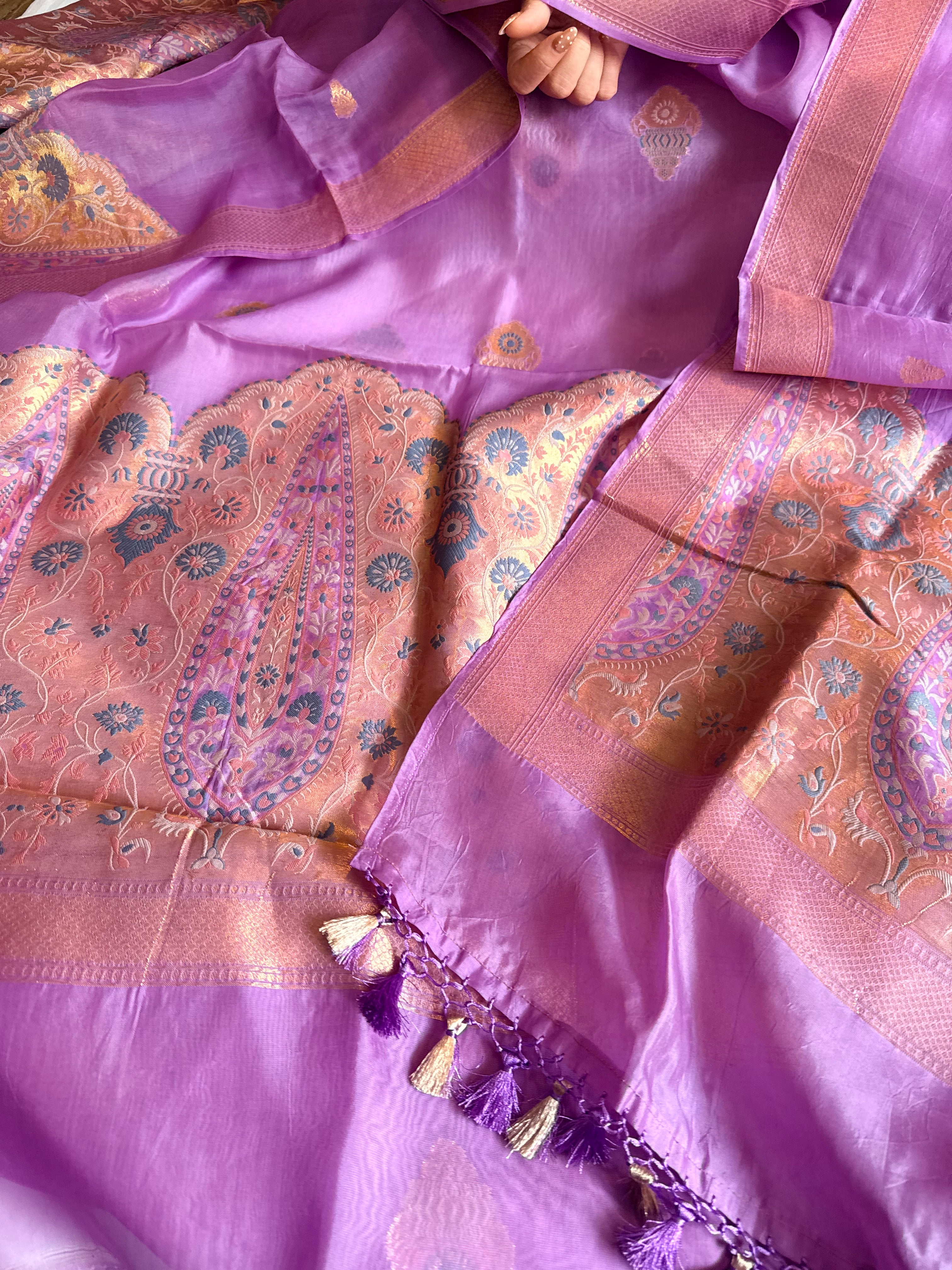 Butter silk banarasi lavender meenakari kadhwa weaving suit set