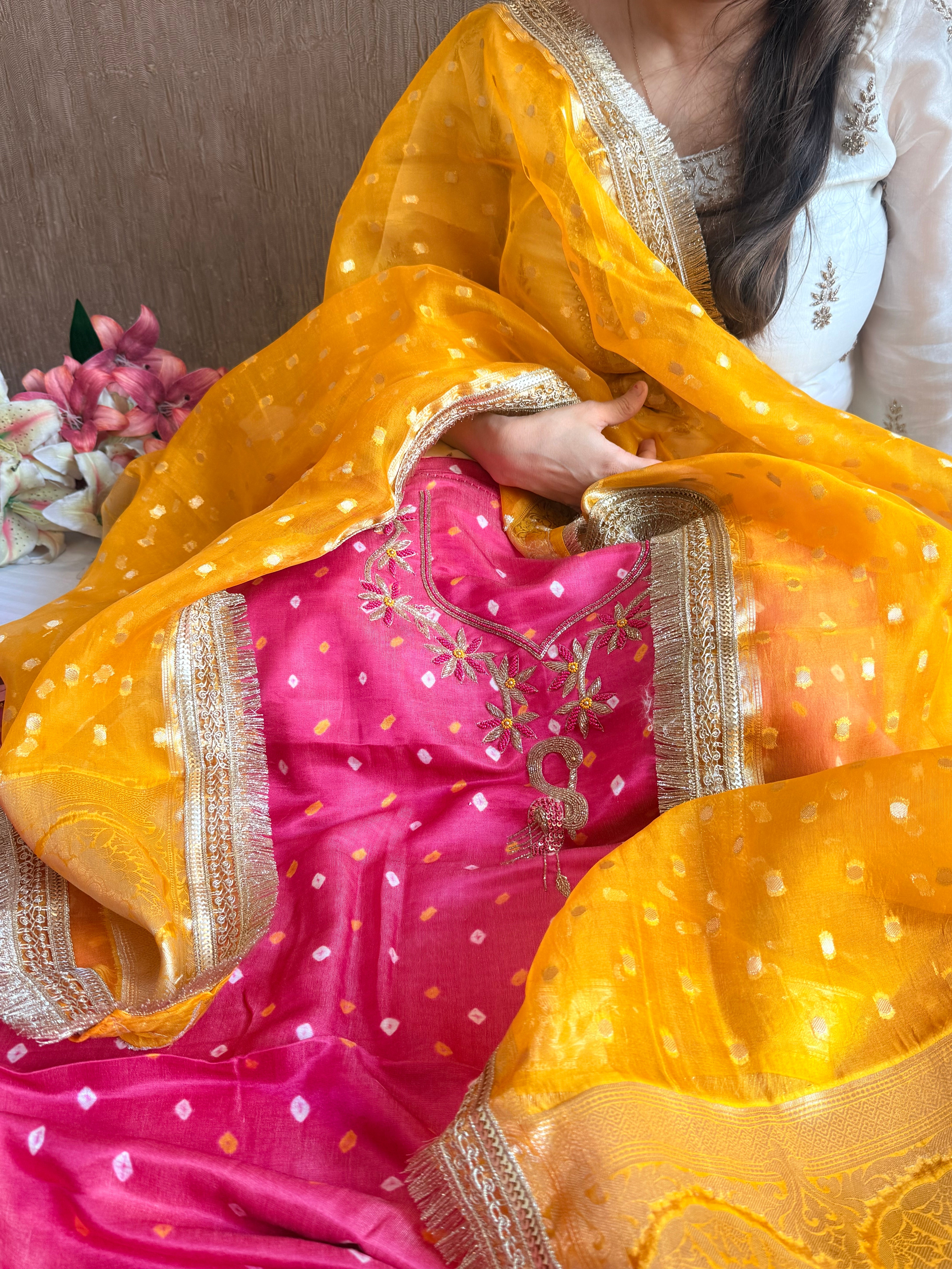 Hot pink - haldi yellow chiniya silk kadhwa buta kurta paired with kora silk red duppata