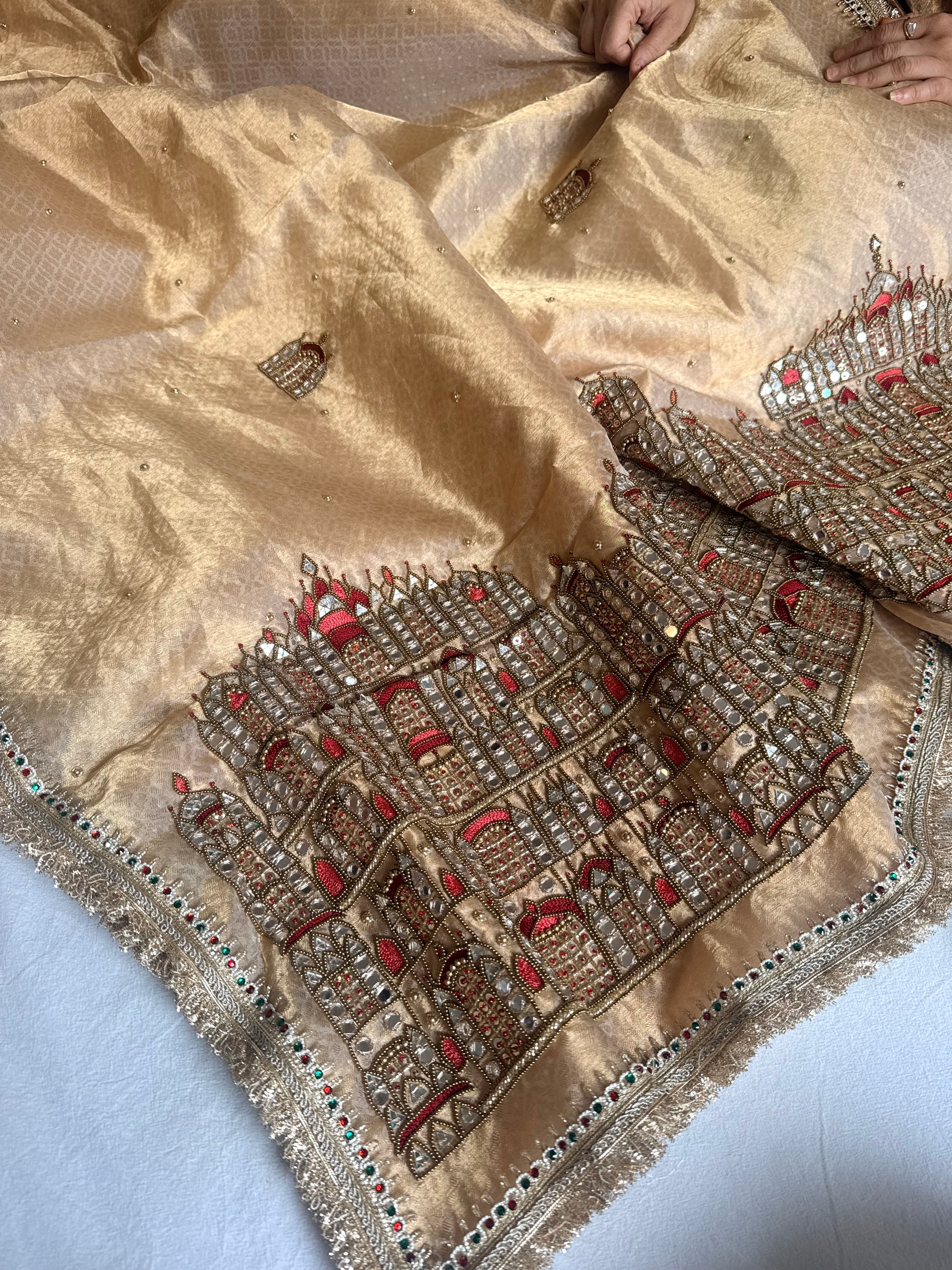 Sheeshmahal golden tissue silk hand embroidered mirrorwork