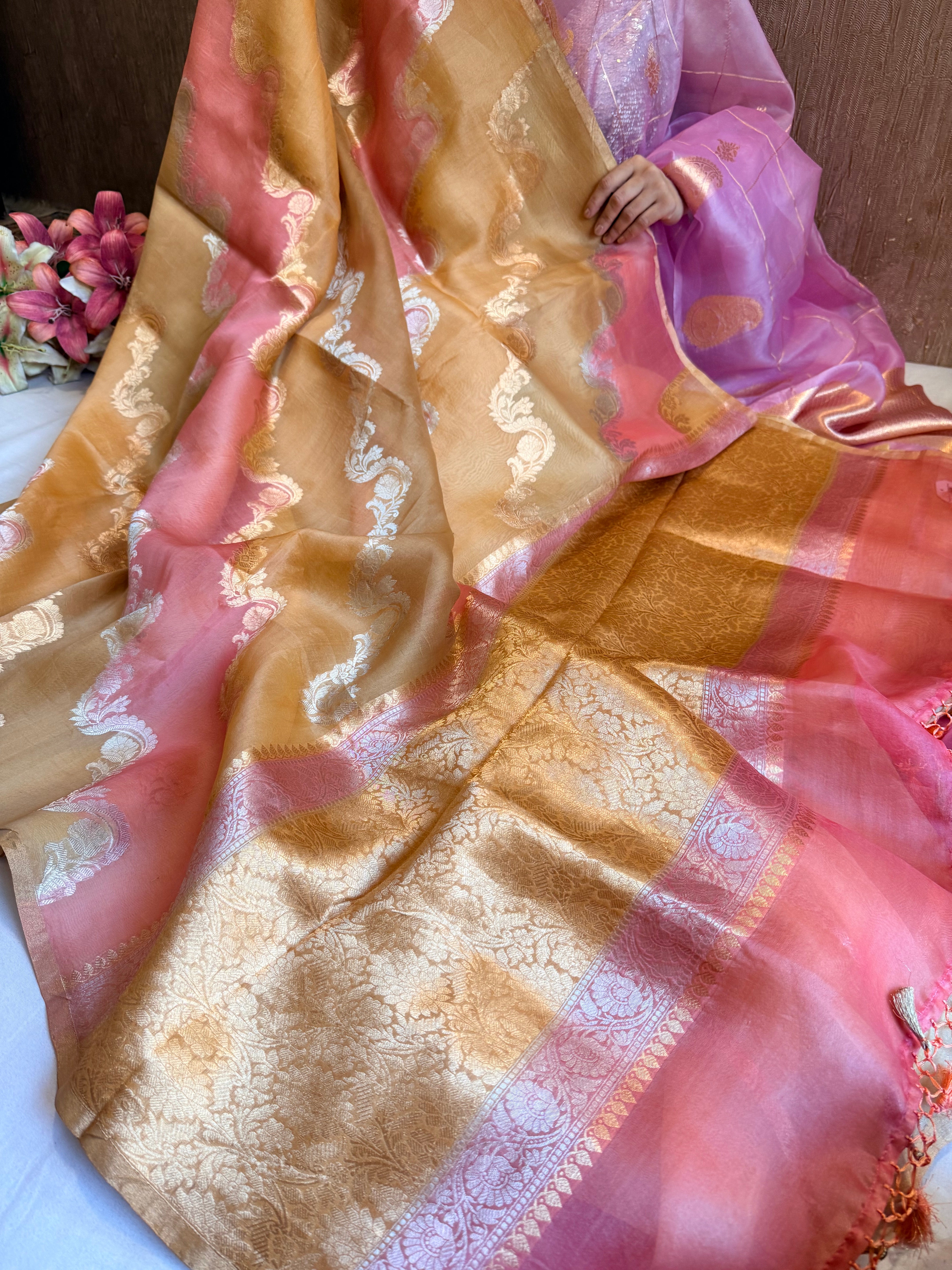 Rangkaat dyed rainbow dyed kora silk kadhwa sona rupa handloom saree