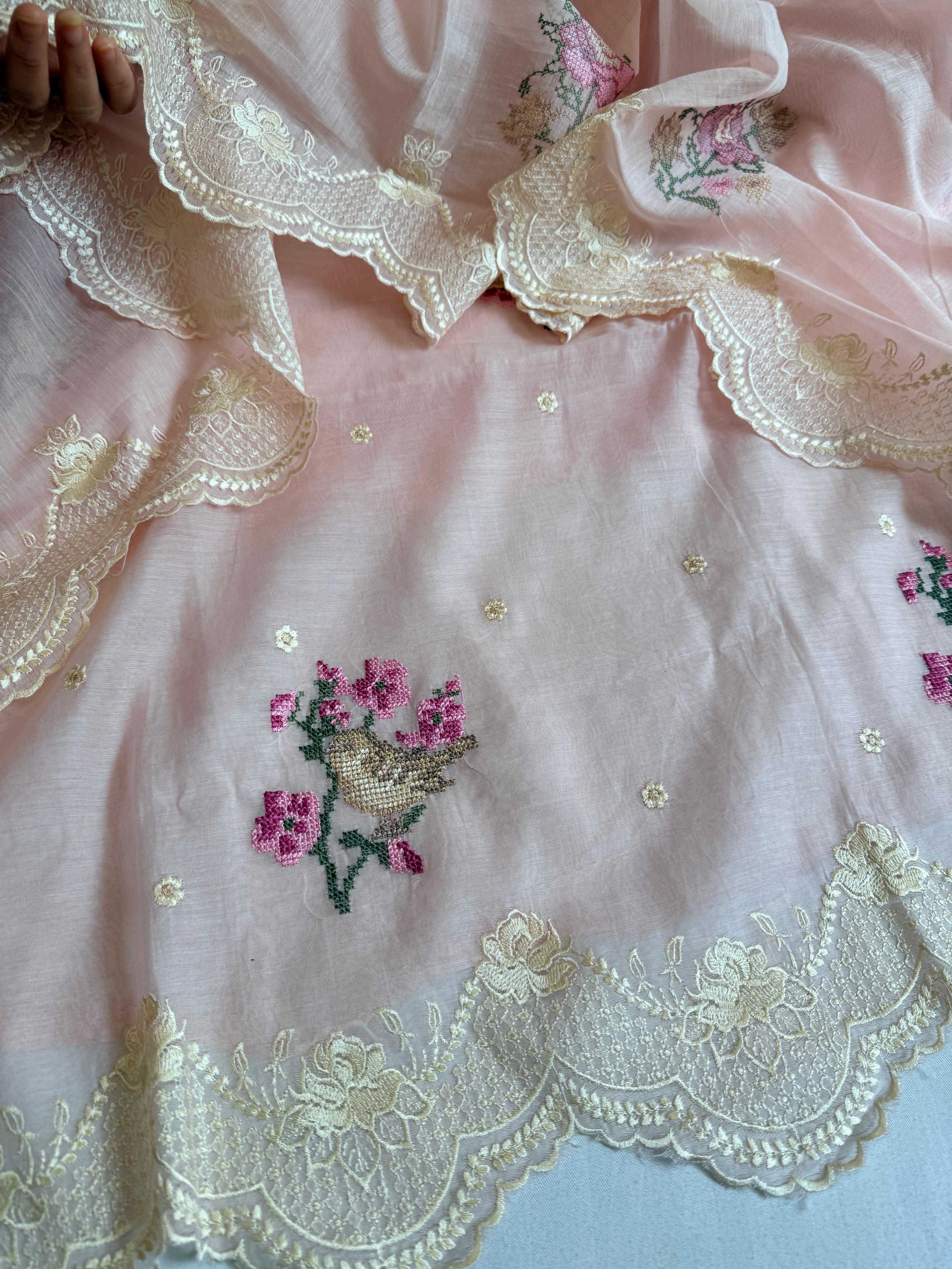 Blush pink cross-stitch hand embroidered resham work suit set