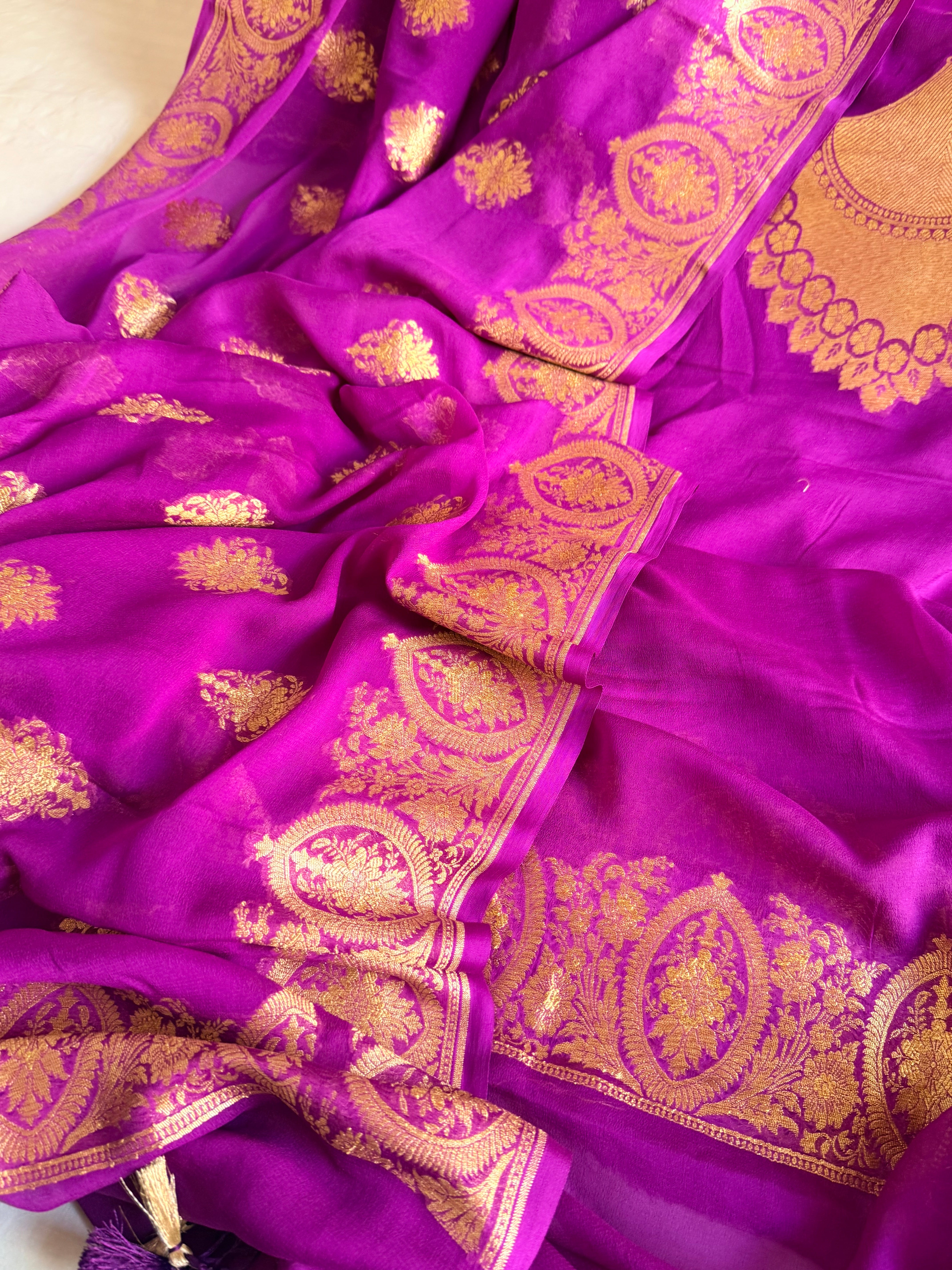 Neck & Pocket weaving - Chiffon gorgette bright purple kadhwa weaving suit set