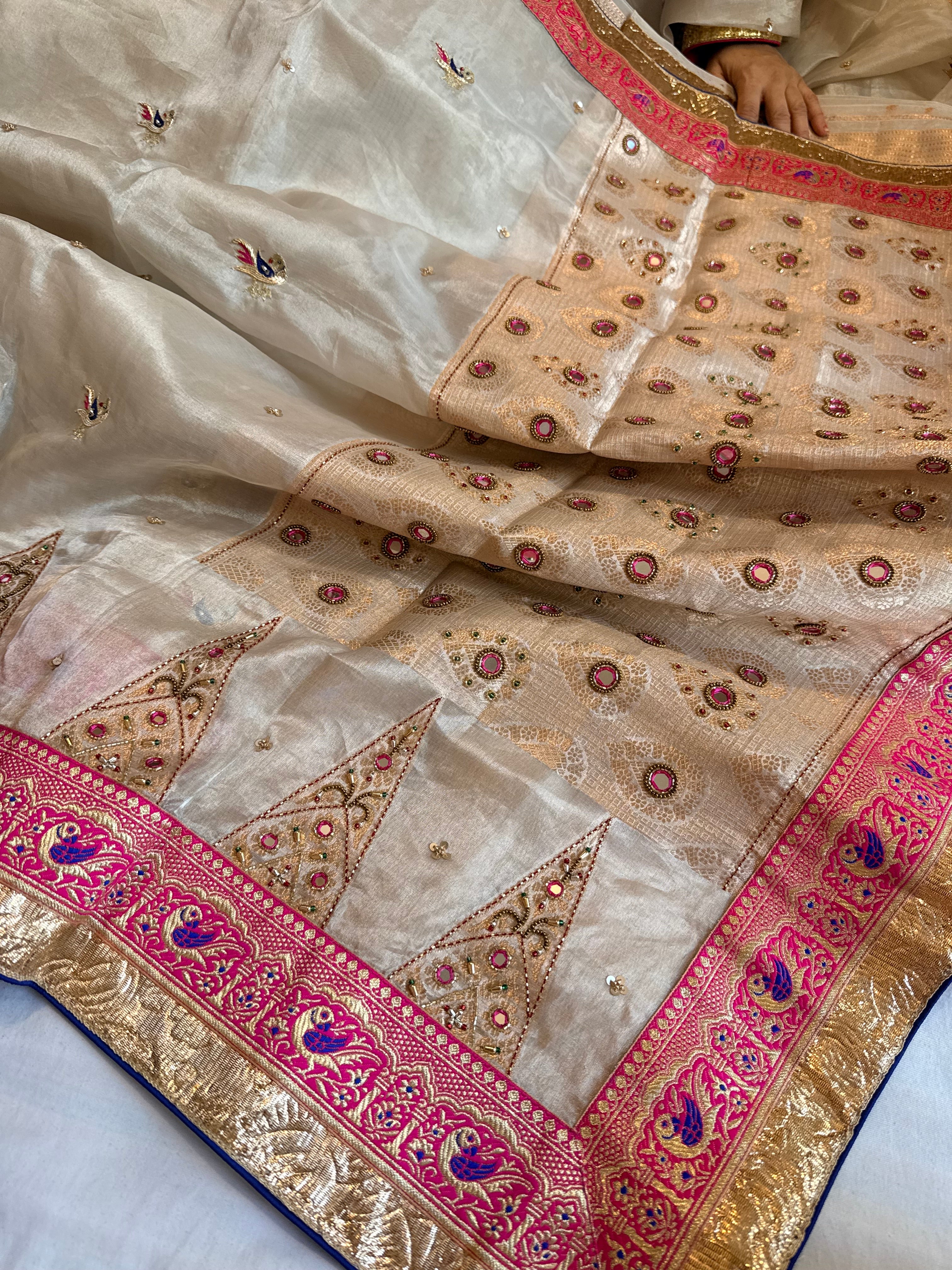 Toran temple border Ivory tissue silk patchwork hand embroidered border saree