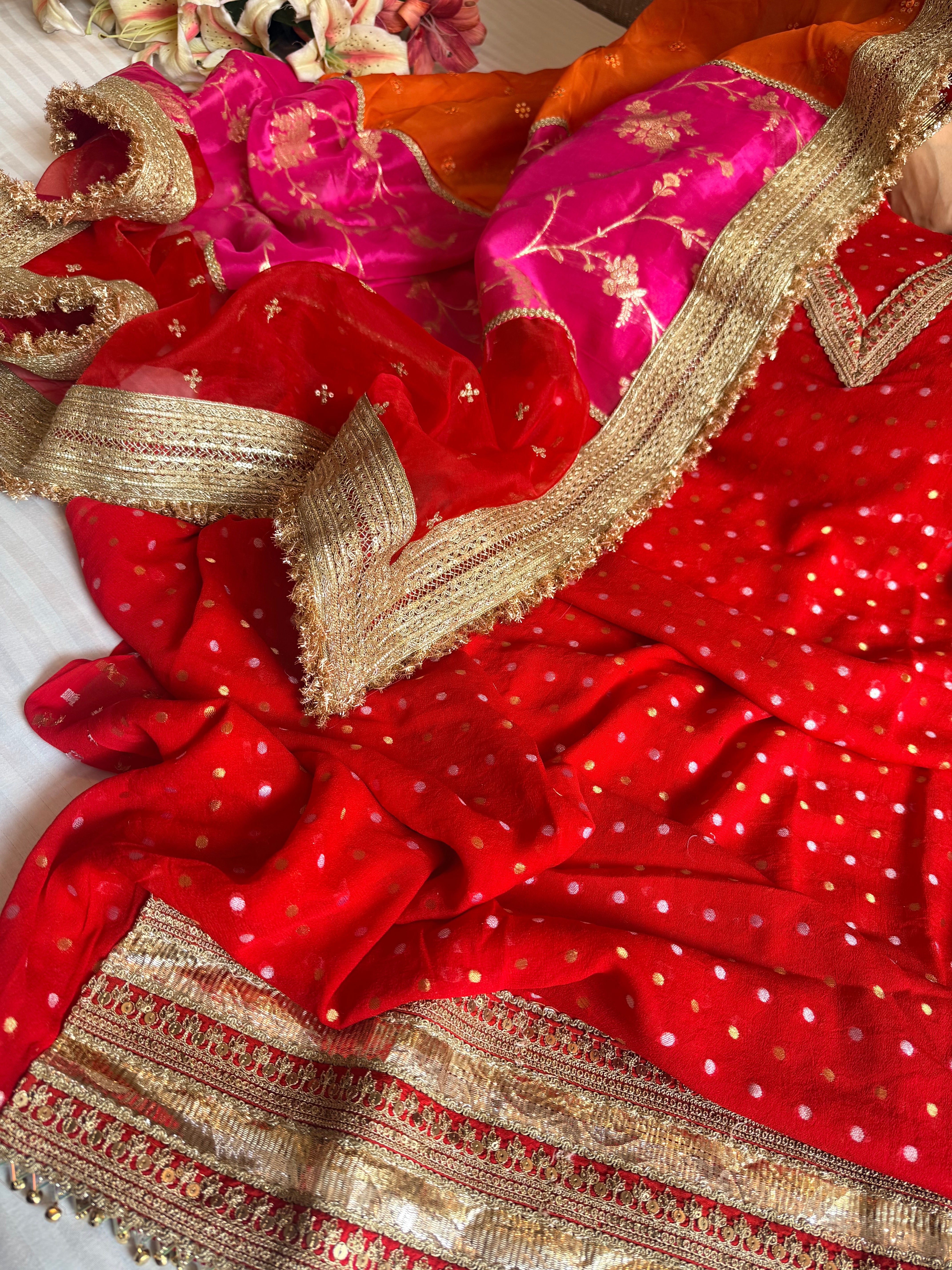 Teej & Karwachauth edit blood red chiffon gorgette hand embroidered multicolour duppata set