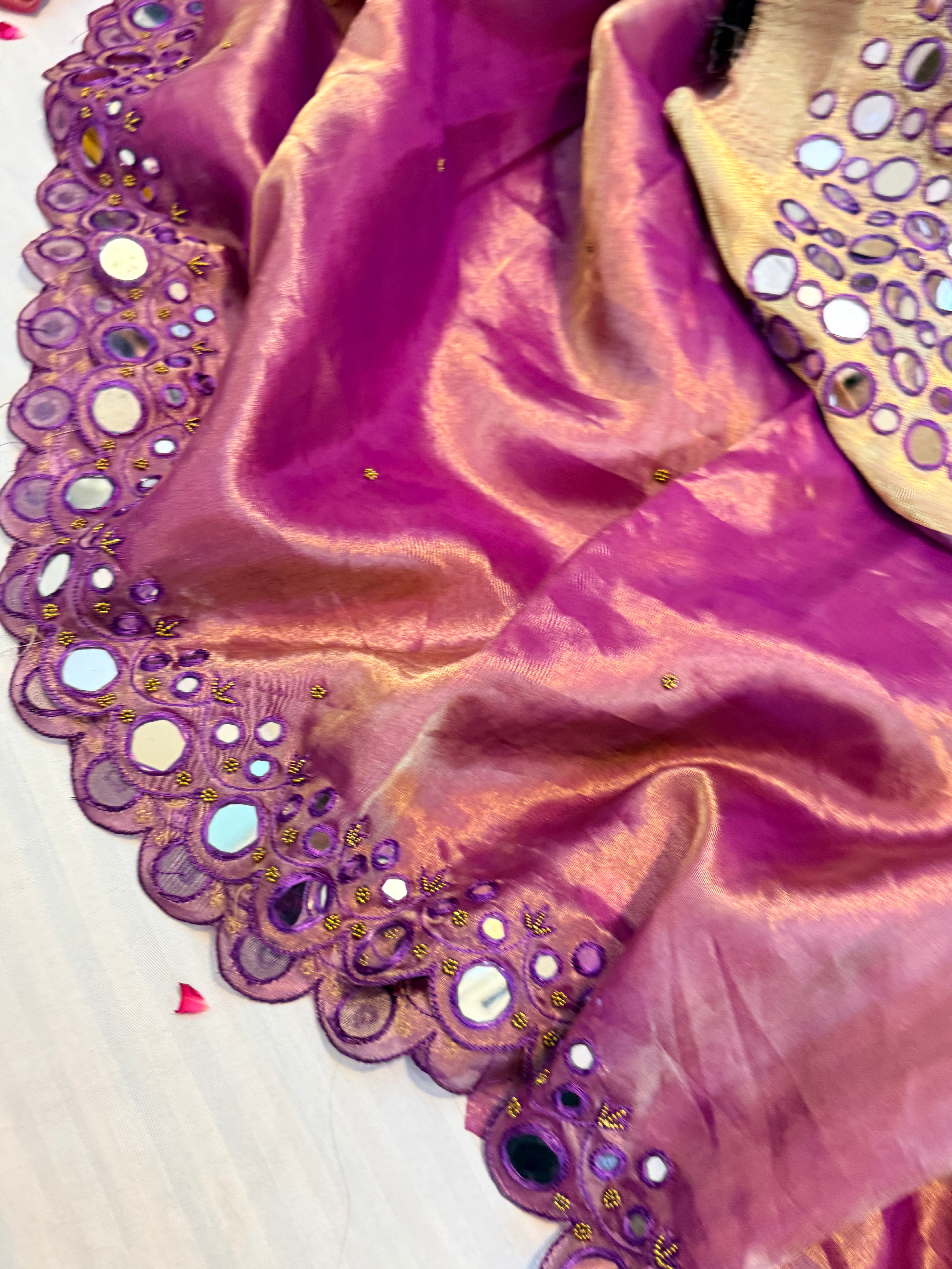Sheeshe wali magenta tissue silk mirrorwork hand embroidered banarasi saree