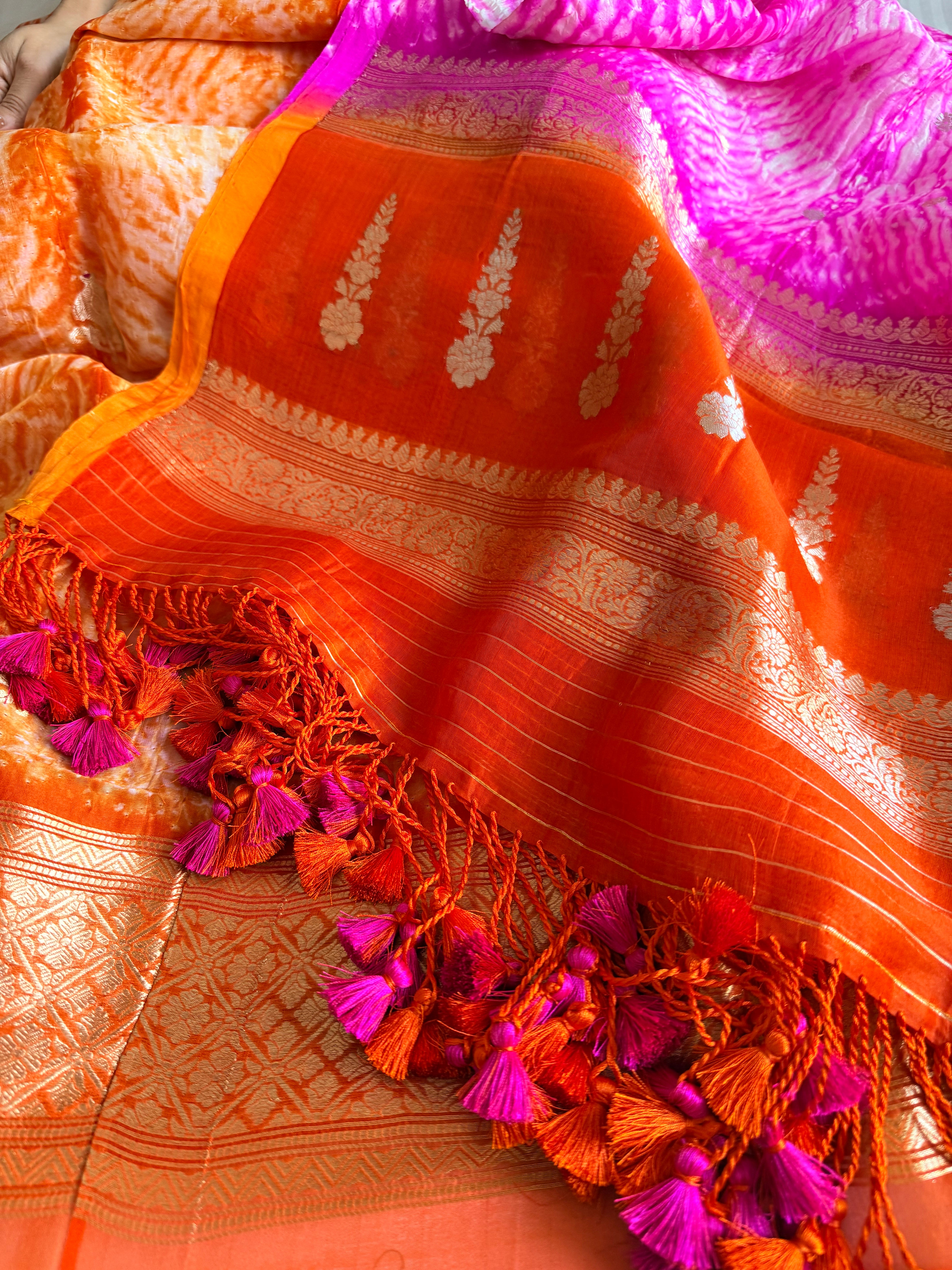 Shibori dye banarasi kora silk rani-orange kadhwa buti suit set