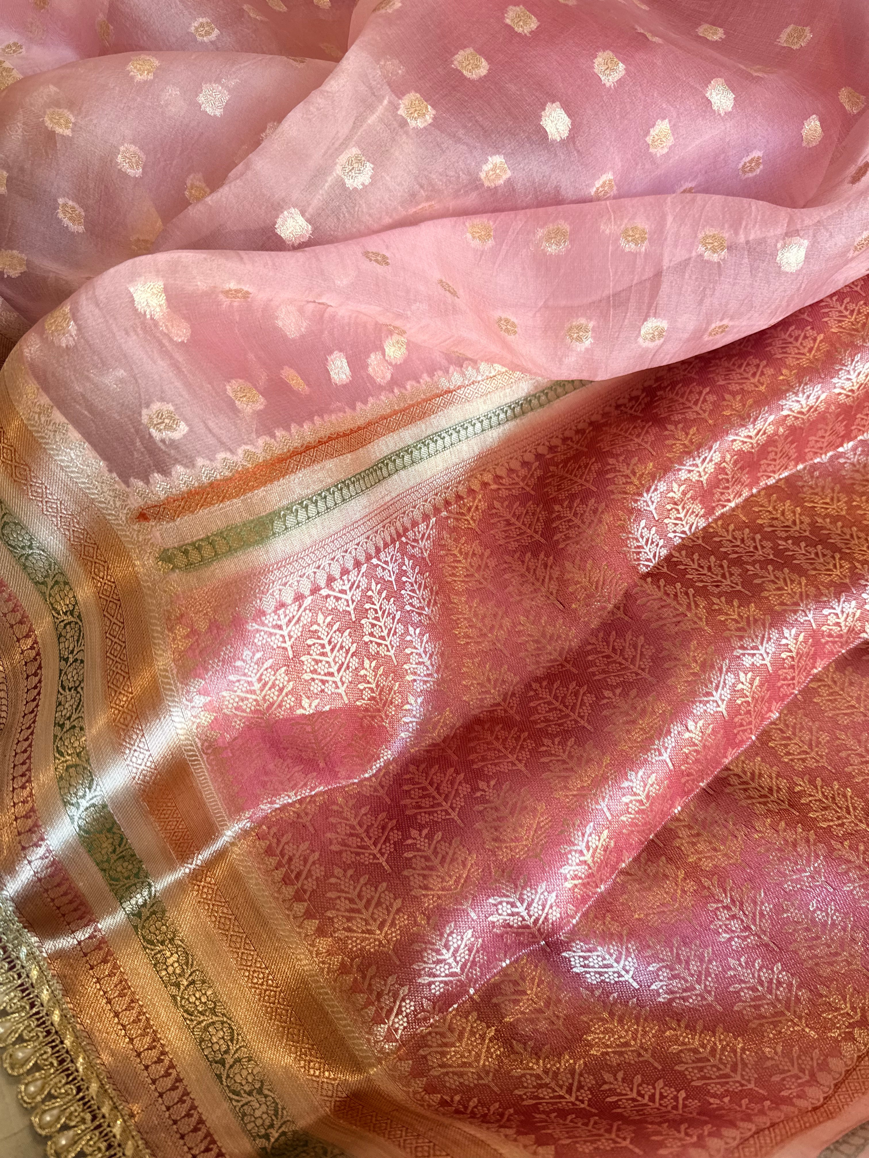 Banarasi kora silk rainbow dyed kadhwa saree with gotapatti work