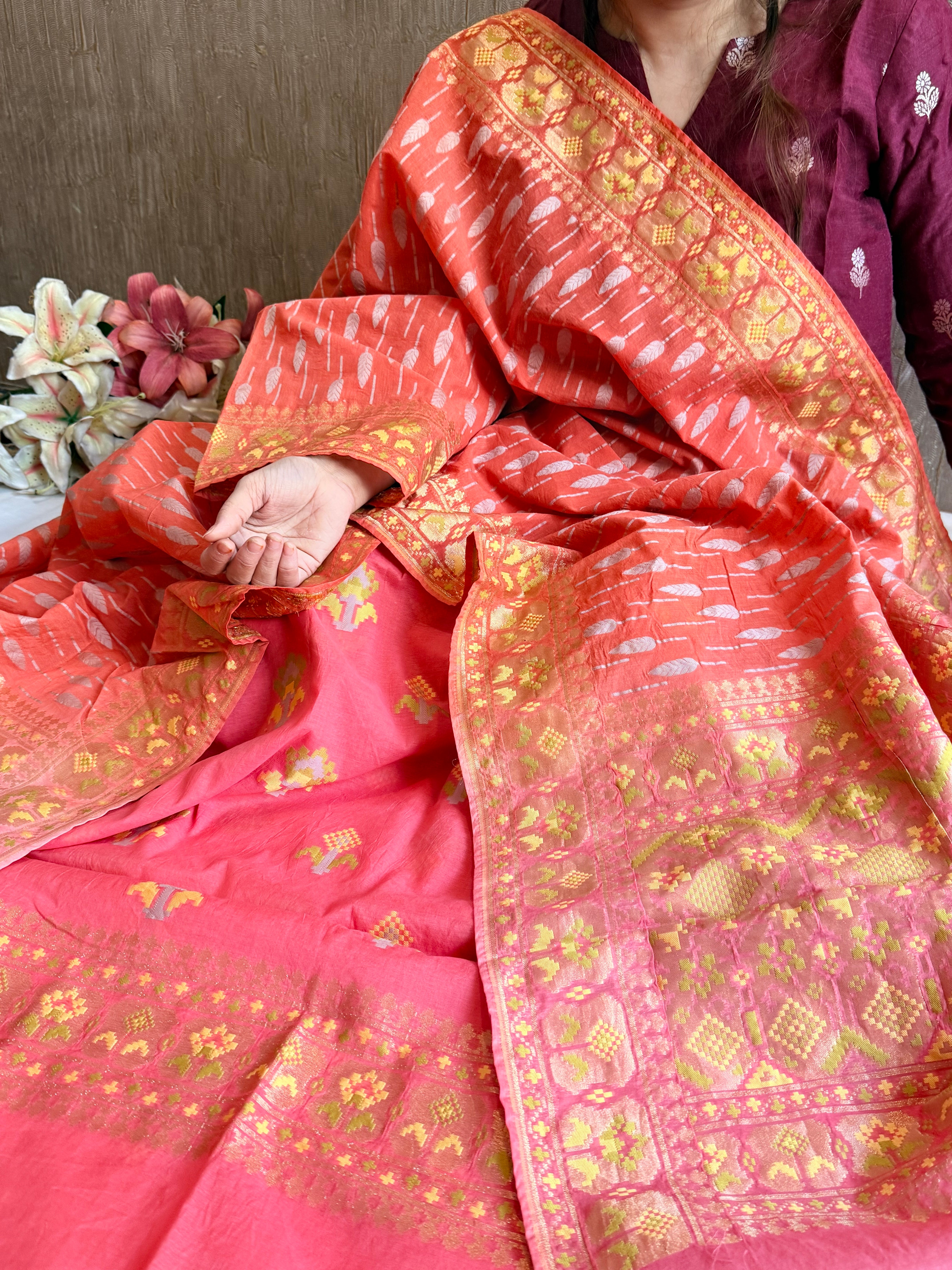 Mul cotton banarasi kadhwa buti peachy pink suit set