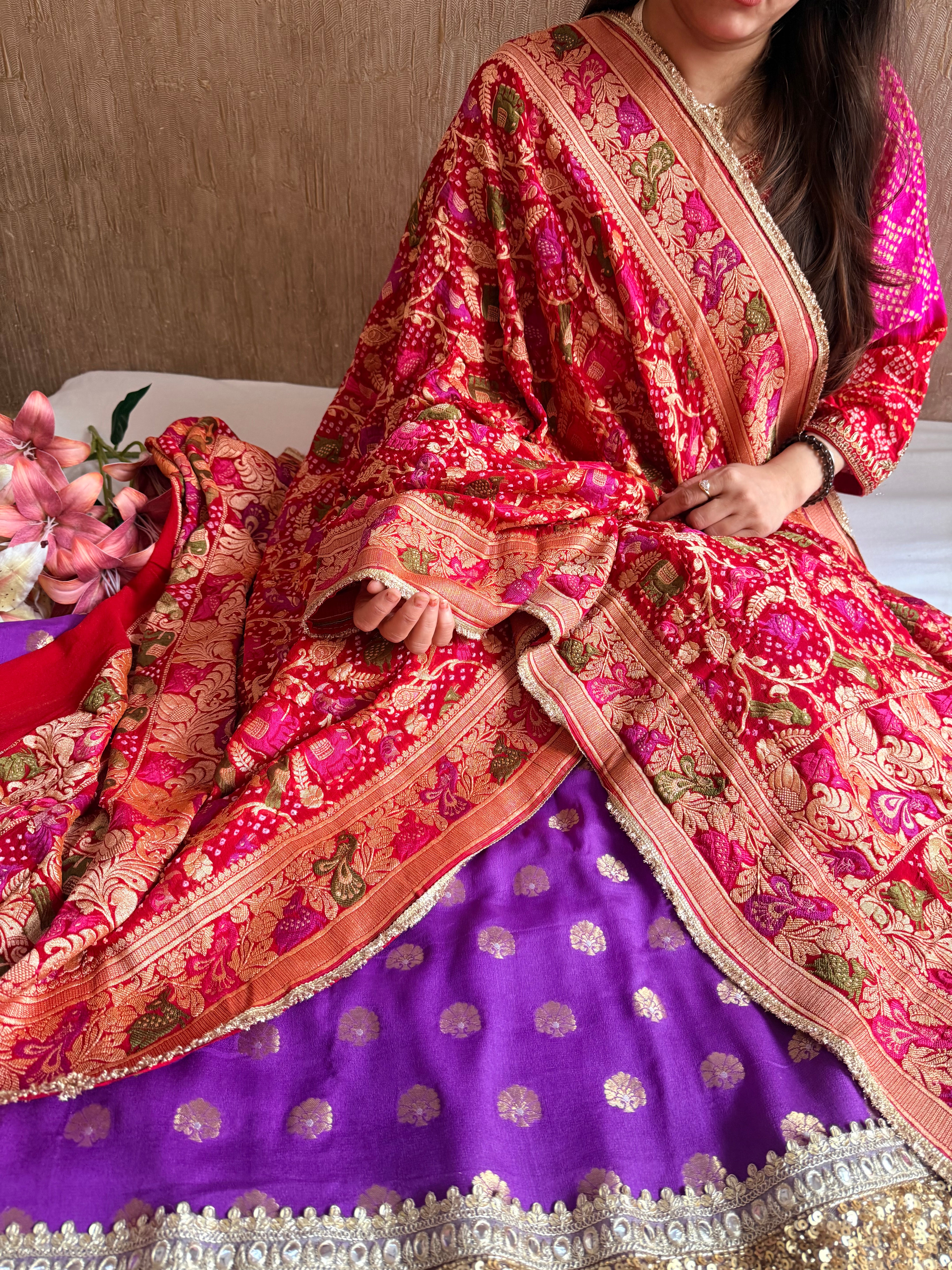 Rai bandhej chiffon gorgette sequin work hand embroidered suit set