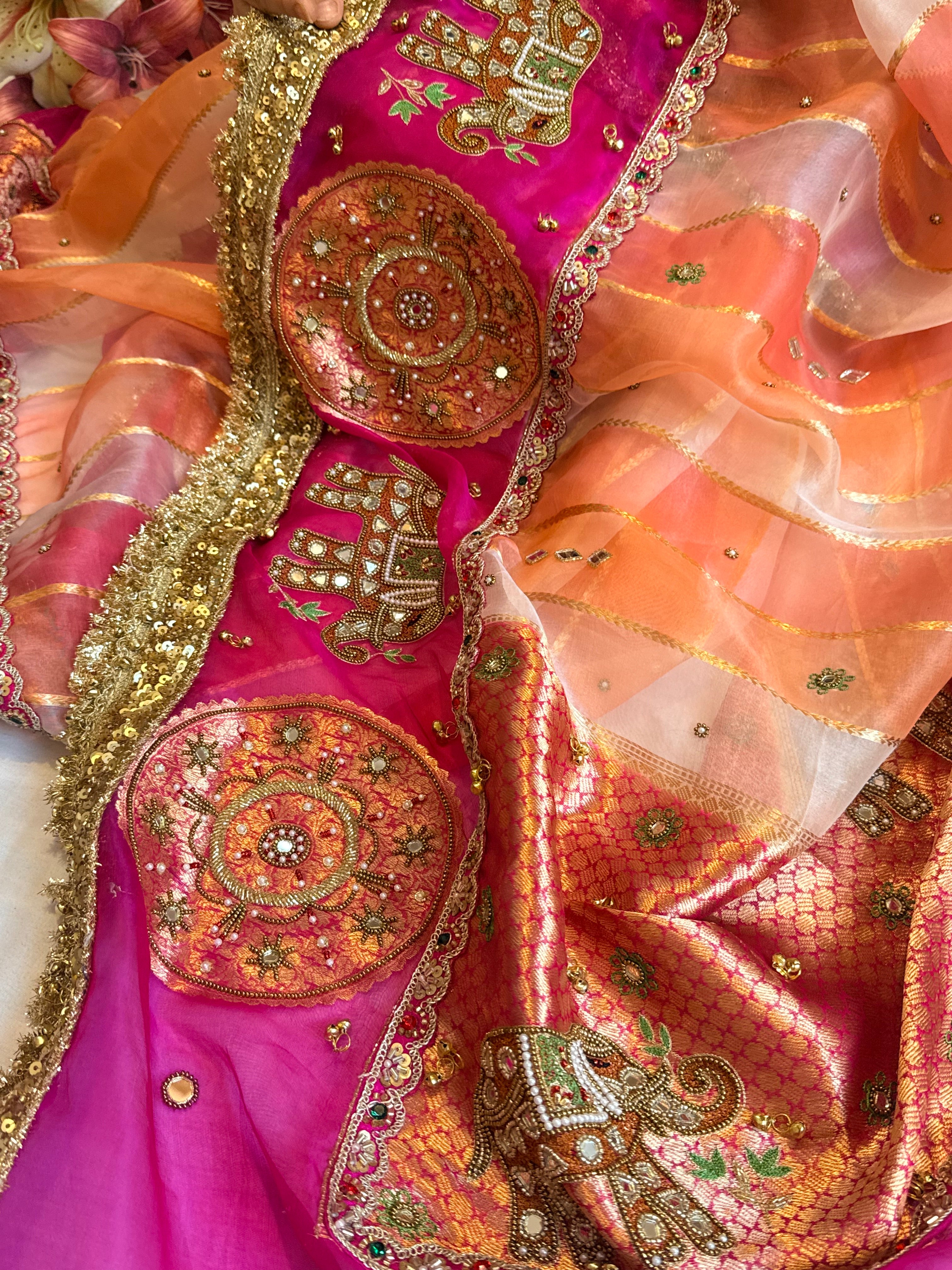 Navratan edit - Gola buti and hathi work hand embroidered kora silk saree