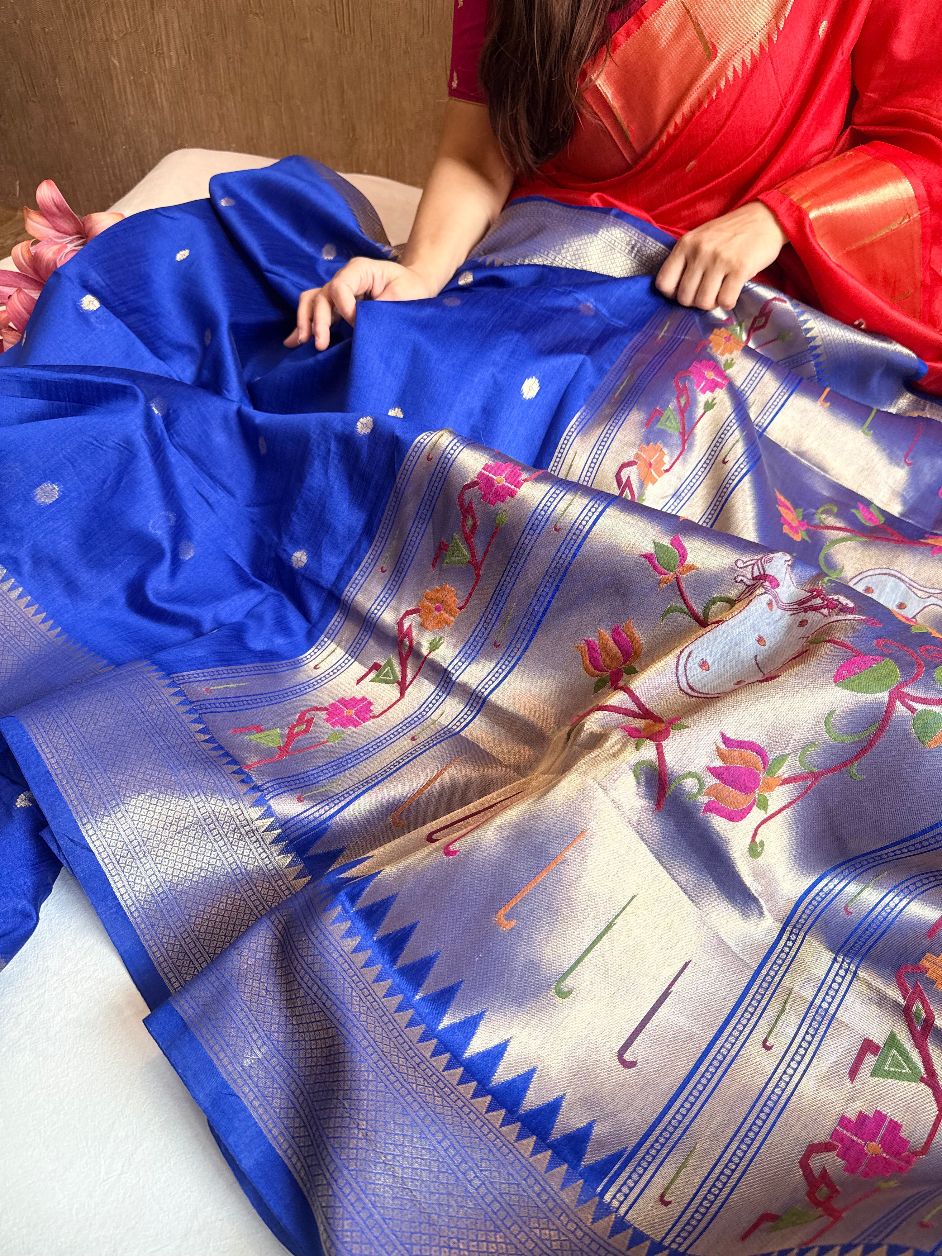 Ink blue mul cotton paithani weaving kadhwa banarasi saree