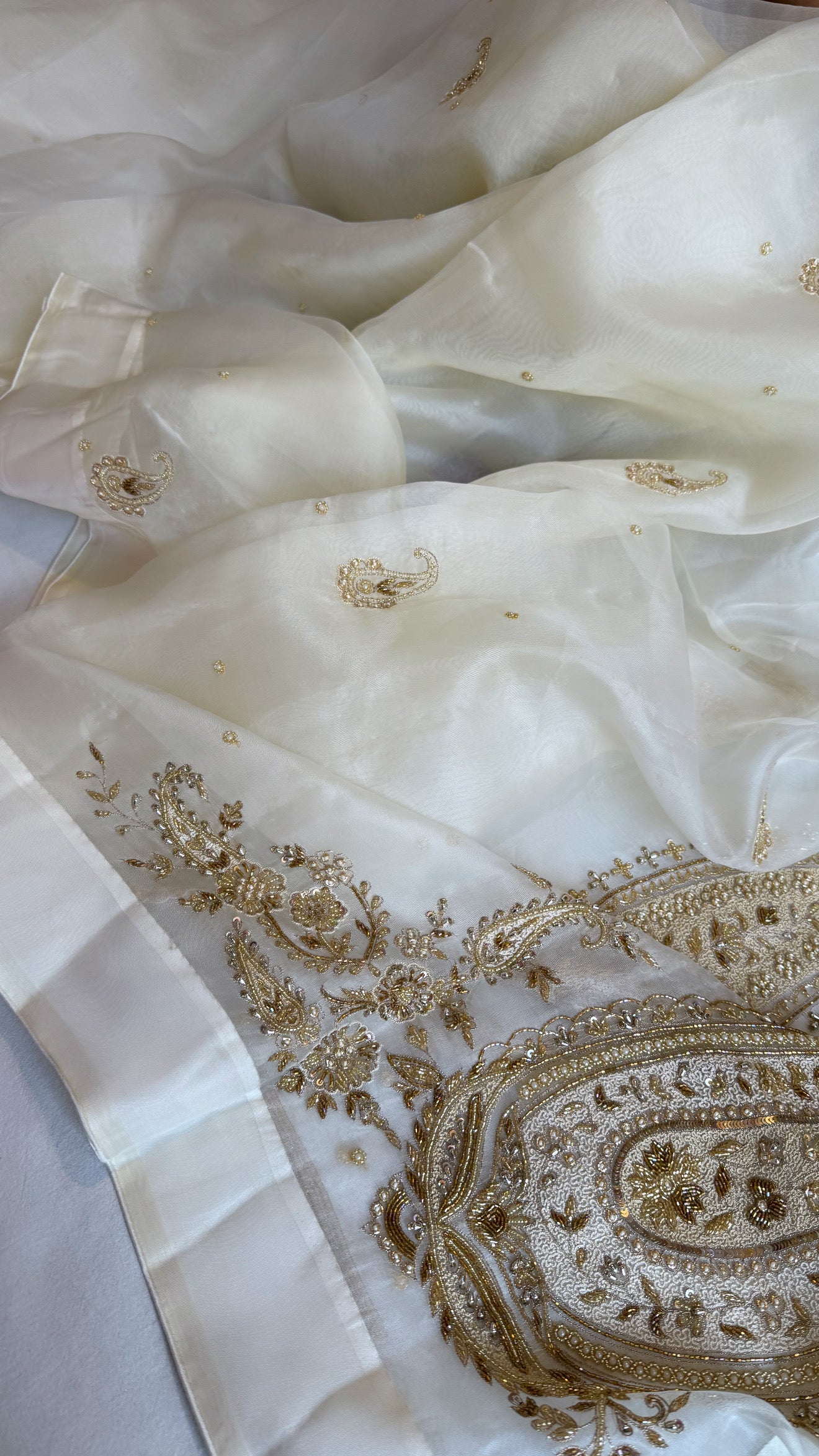 Champagne ivory organza silk satin border hand embroidered kadhwa saree