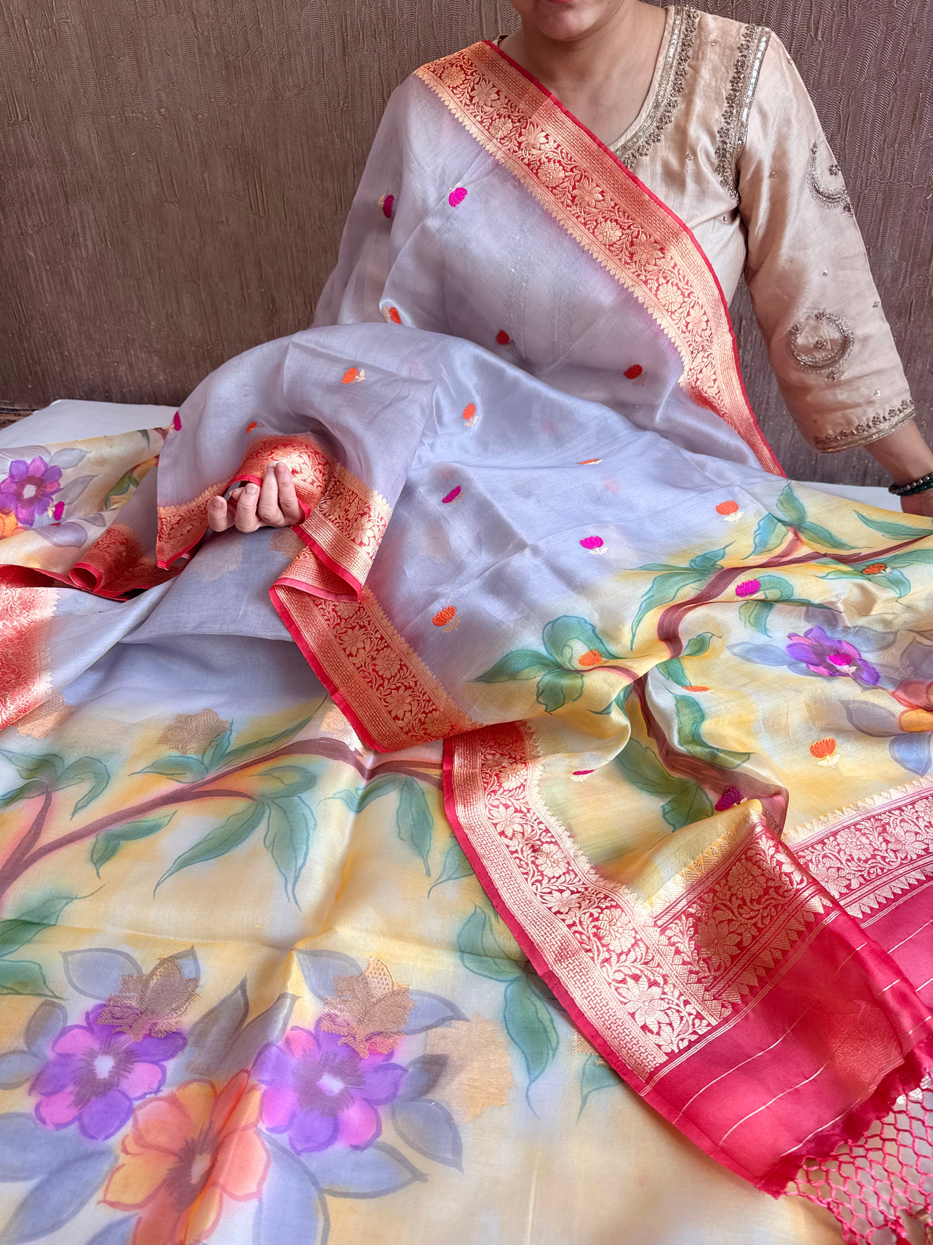 Rainbow dyed kora silk handpainted brush dyed banarasi suit sets
