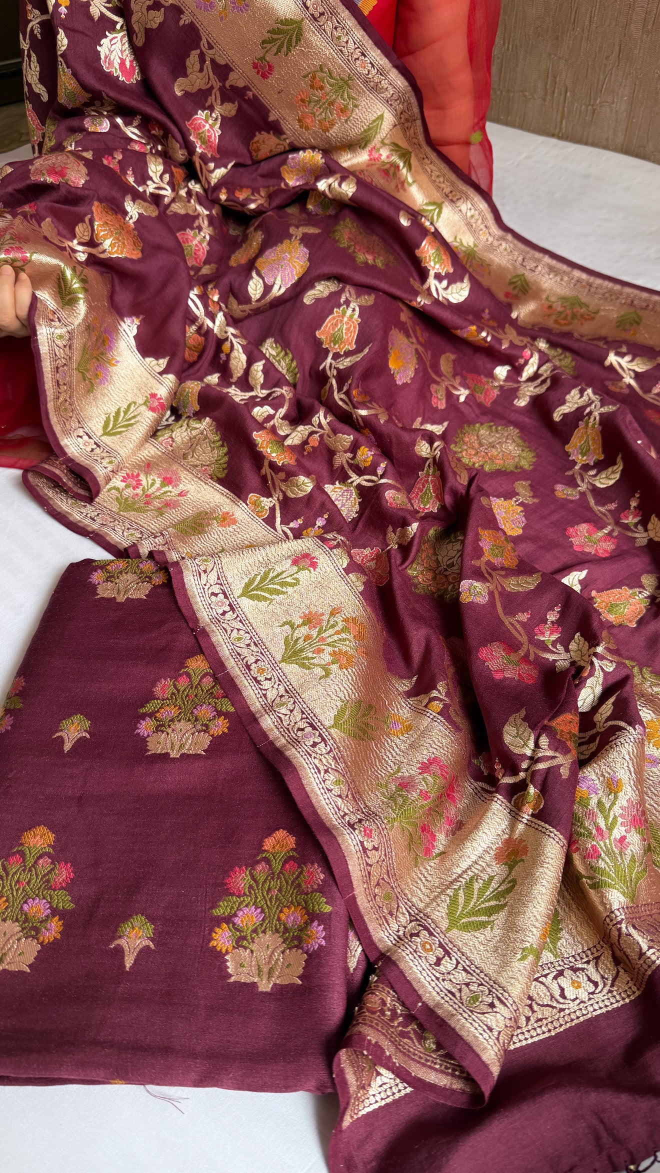 Bergundy moonga silk kadhwa meenakari jungla suit set
