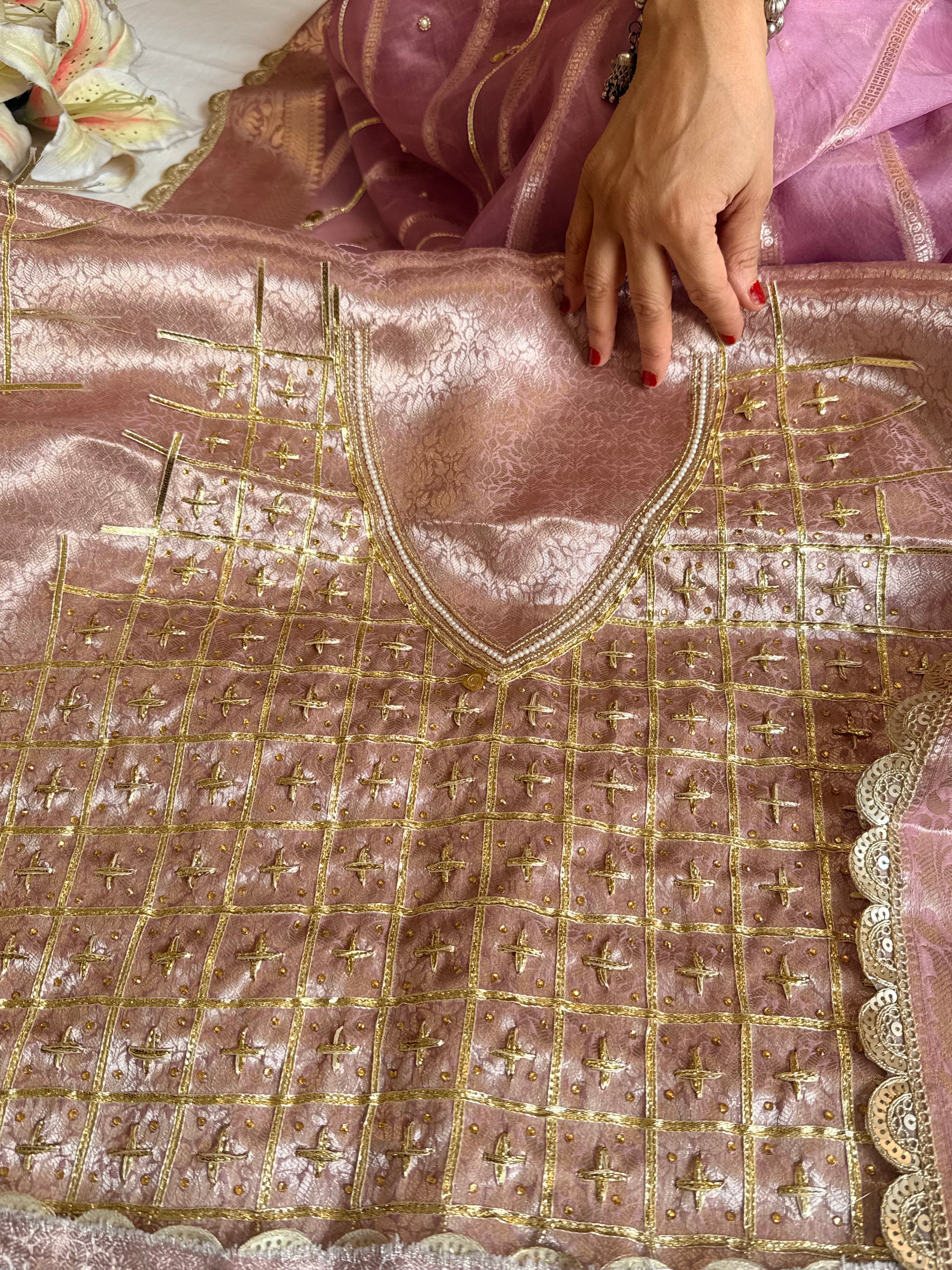Kora silk kadhwa striped gotapatti work hand embroidered saree