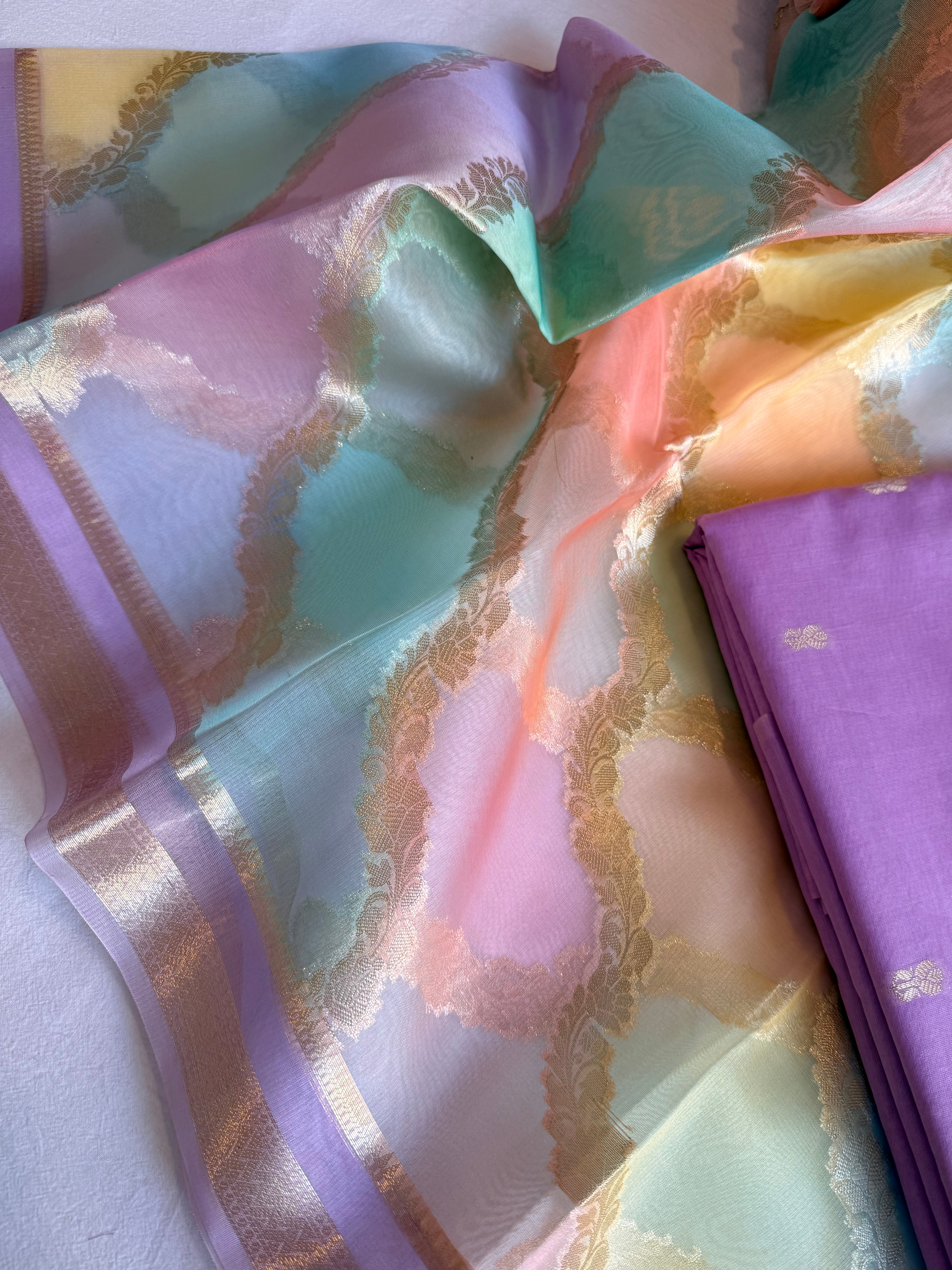 Banarasi chiniya silk kurta paired with candy colours rangkaat kora silk duppata