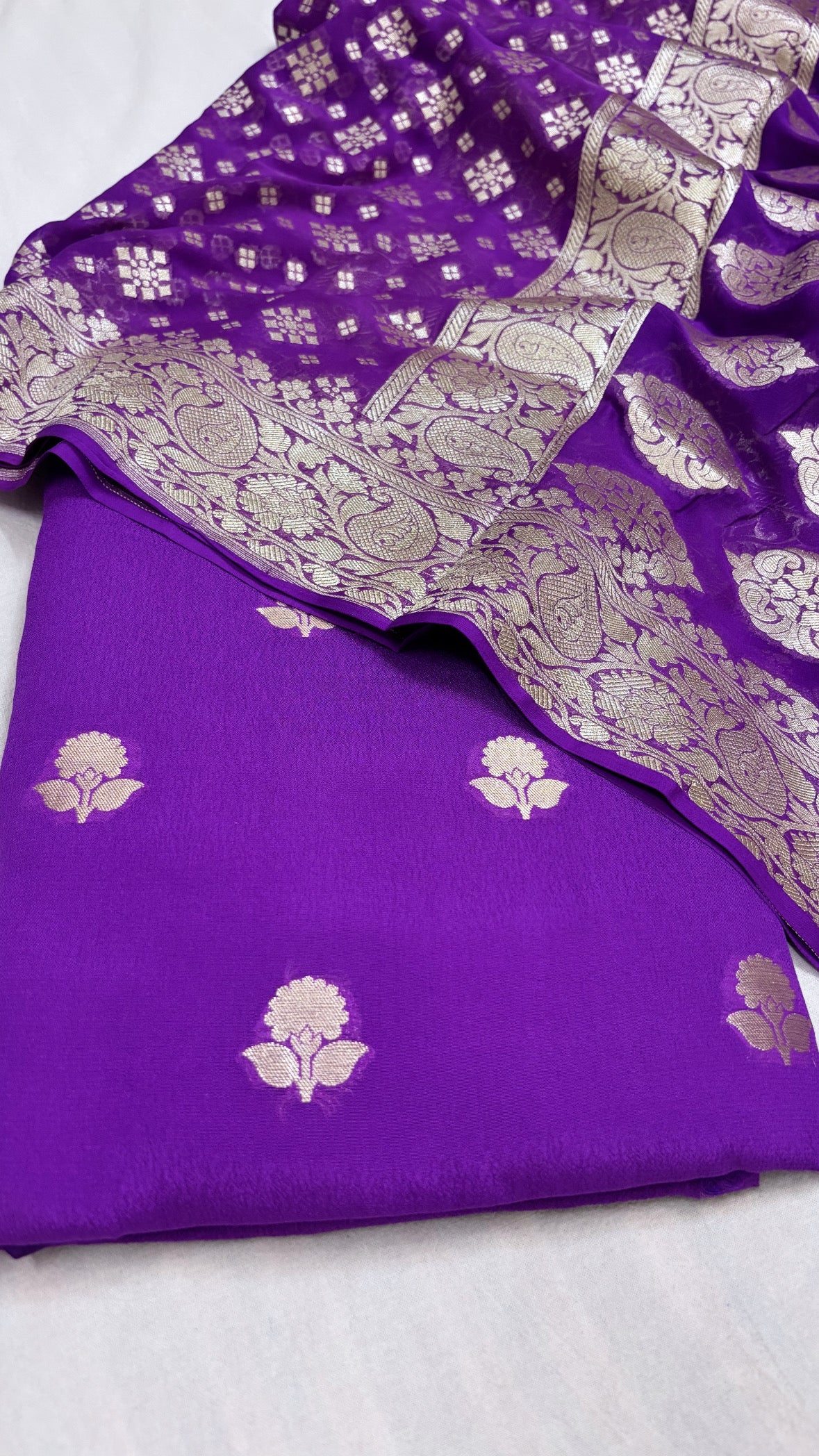 Bright purple banarasi gorgette kadhwa suit set