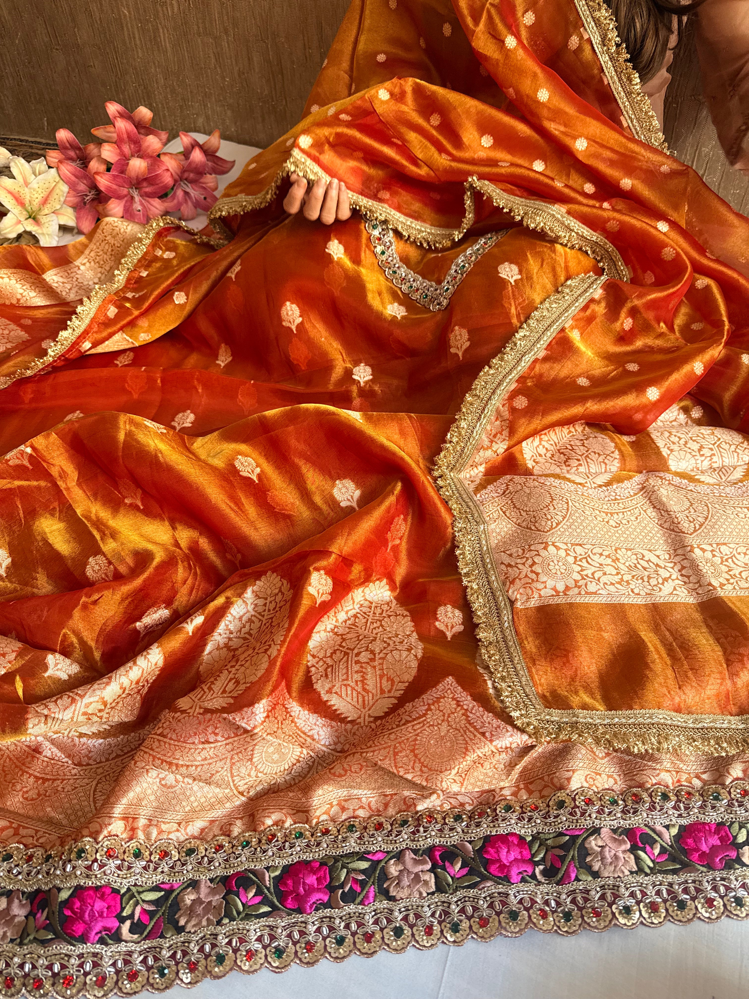Navratna fanta orange tissue silk kadhwa buti hand embroidered suit sets