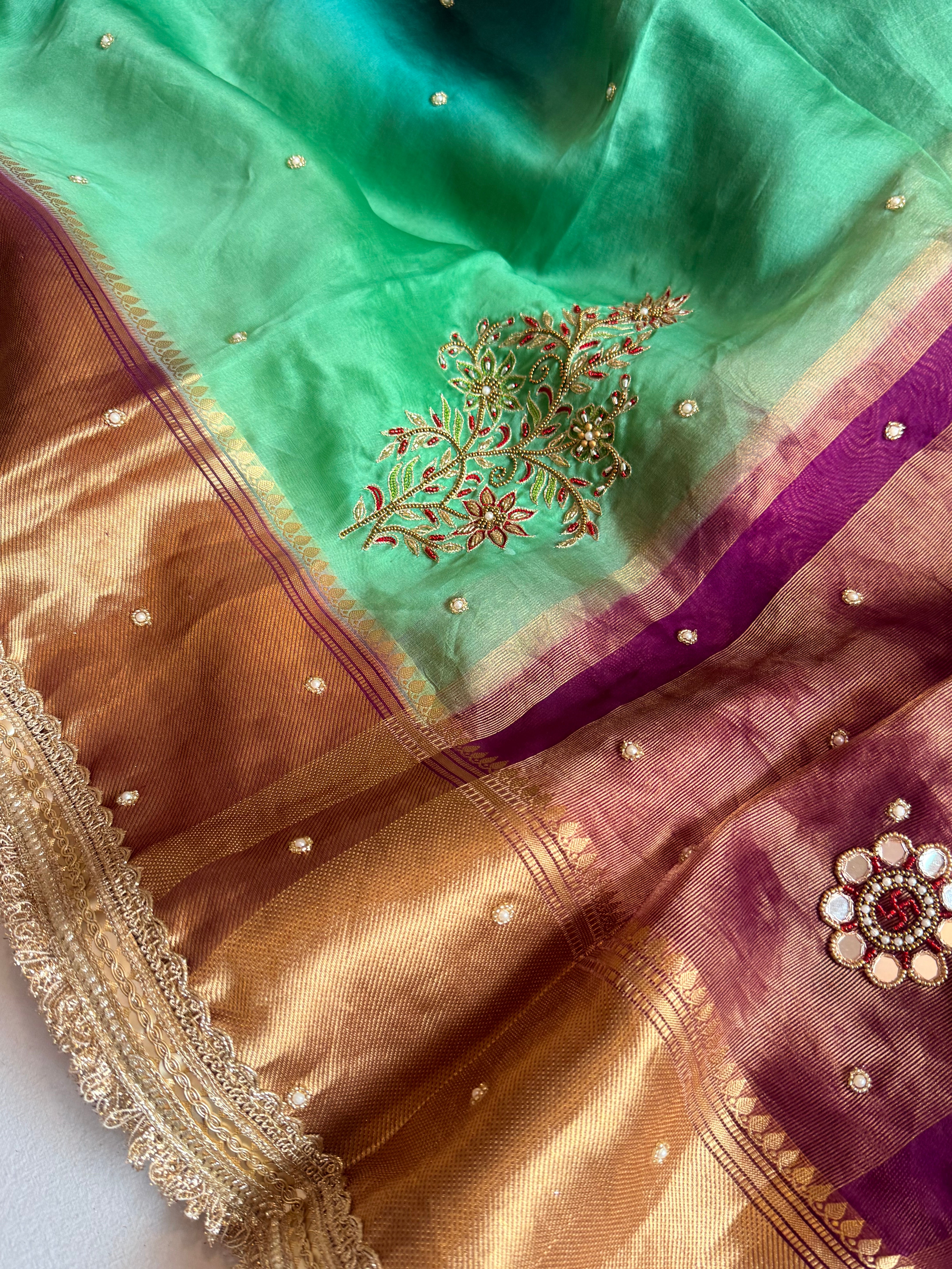 Husn ganga jamuna contrast border kora silk hand embroidered saree