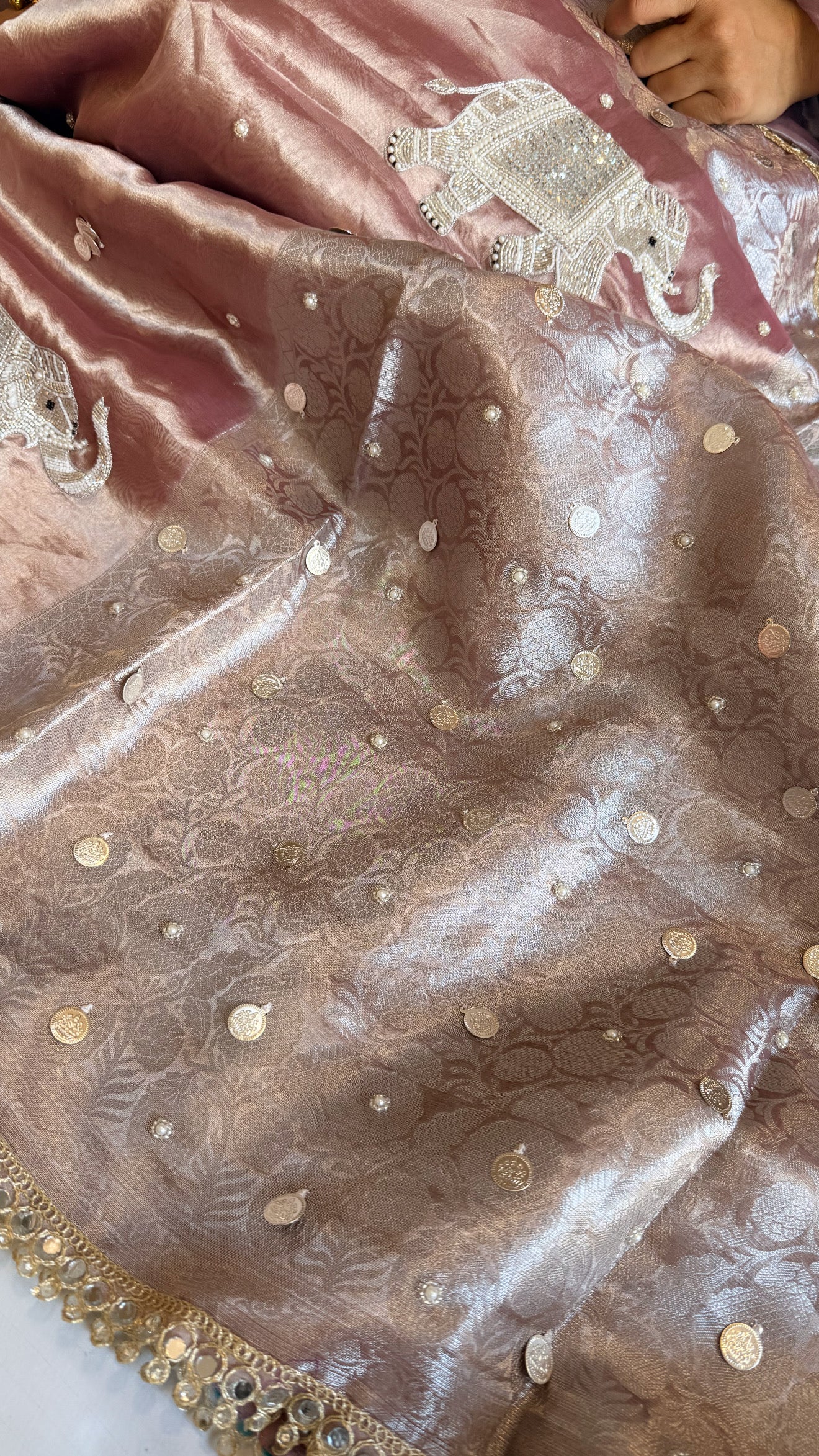 Gulabi jadau edit - Rose peach tissue silk jadau work hand embroidered saree