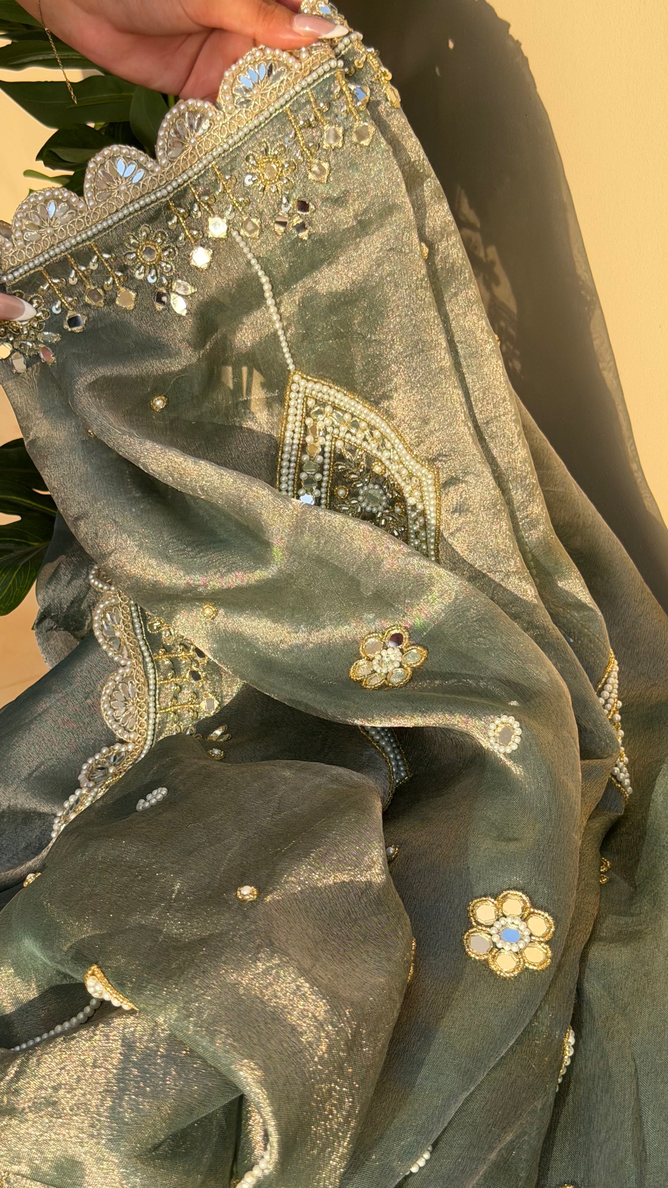 Coriander mint tissue silk pearlwork and mirrorwork hand embroidered saree