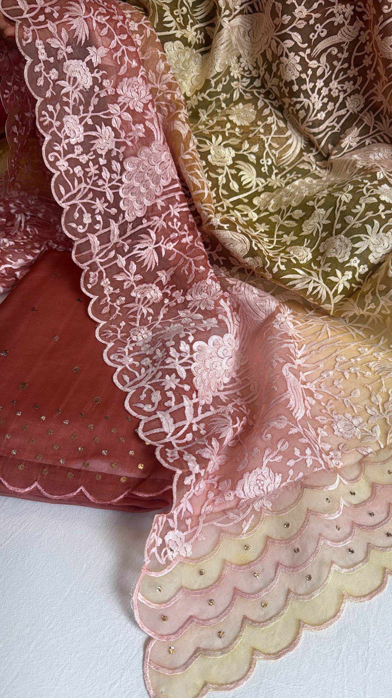 Shades of peach yellow - Parsi gara kora silk resham and mukaish work hand embroidered suits
