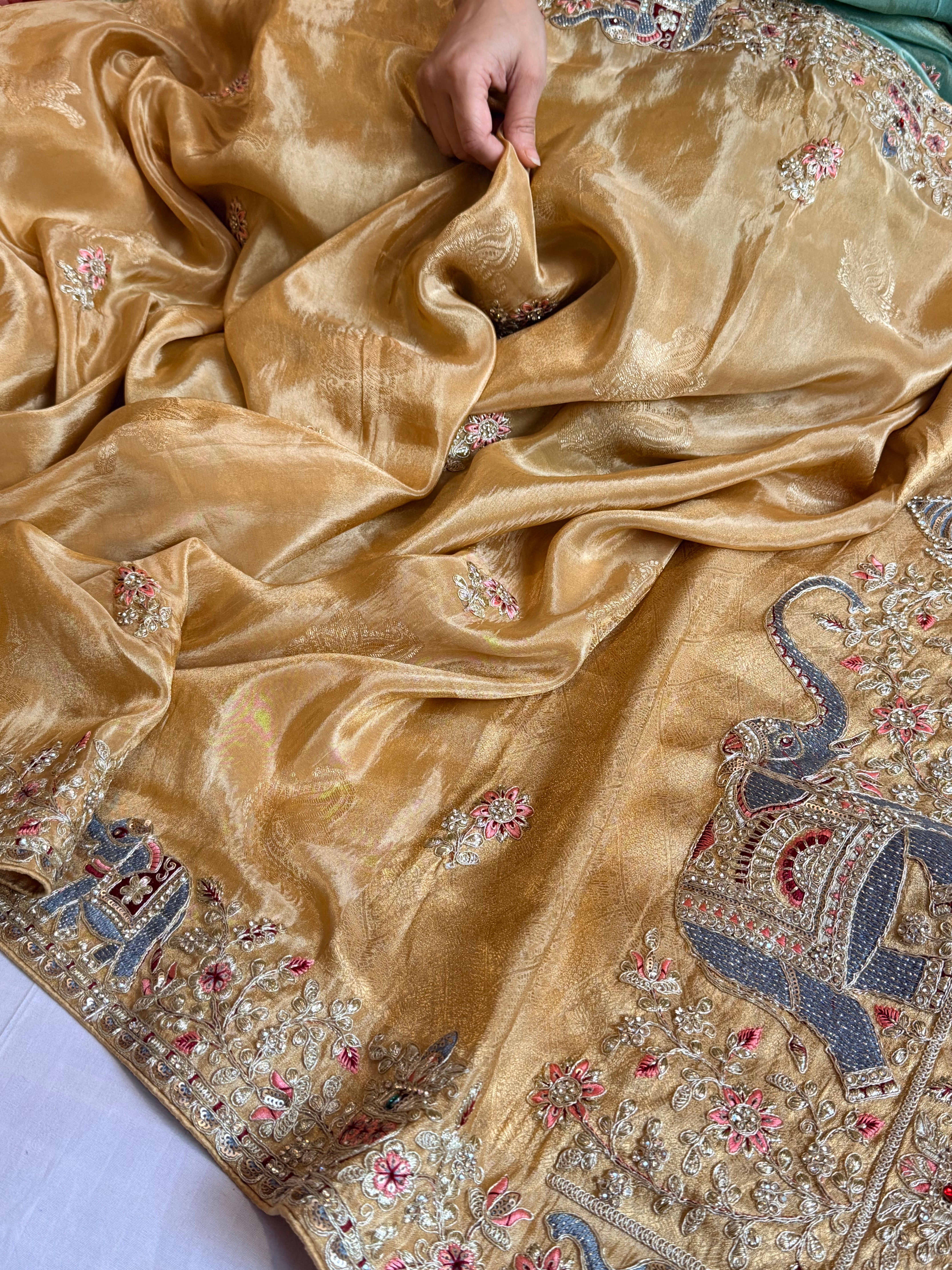 Butter gold hathi wali crepe tissue silk embroidered saree