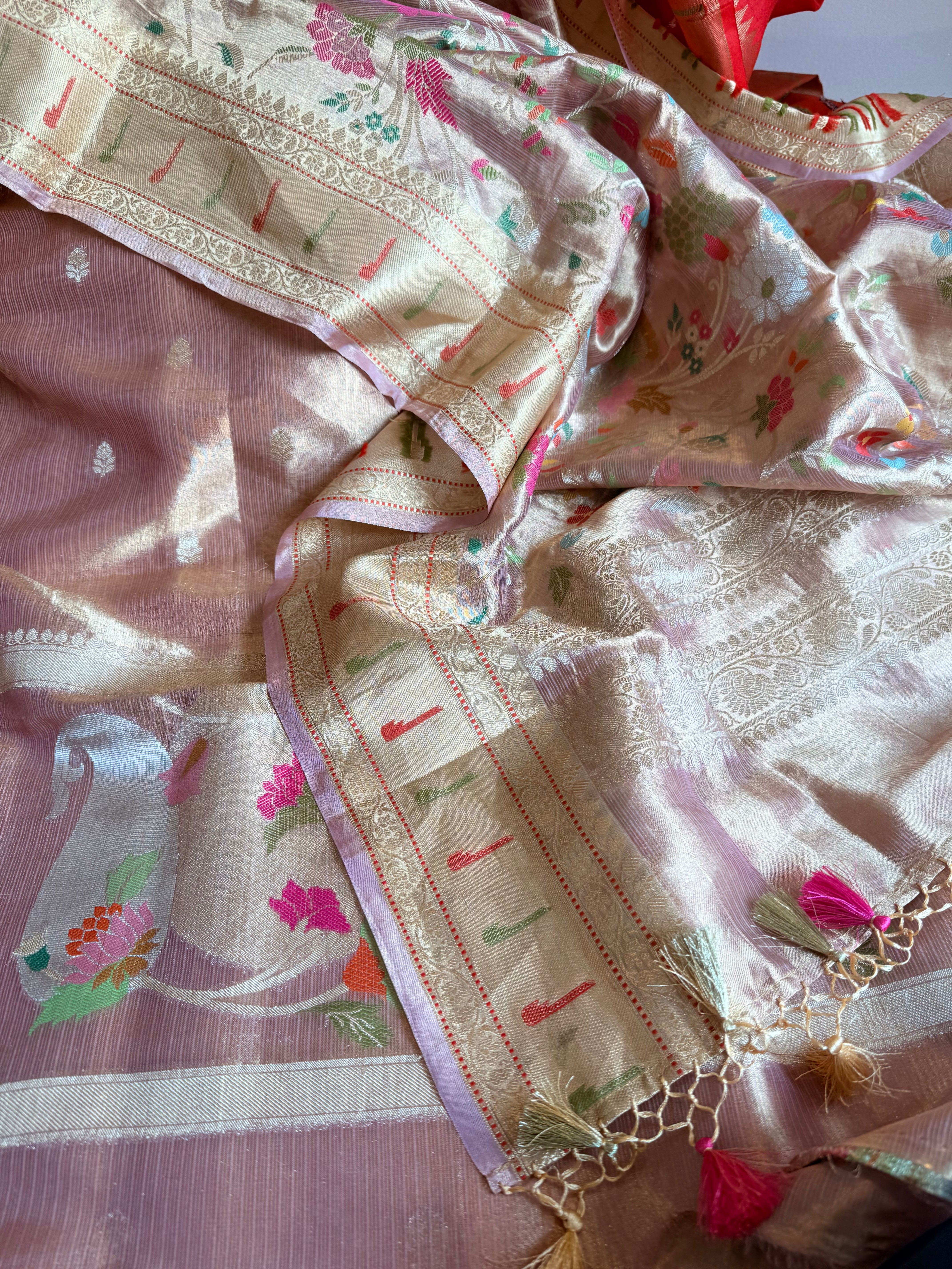 Tissue silk blush pink paithani weaving kadhwa suit set
