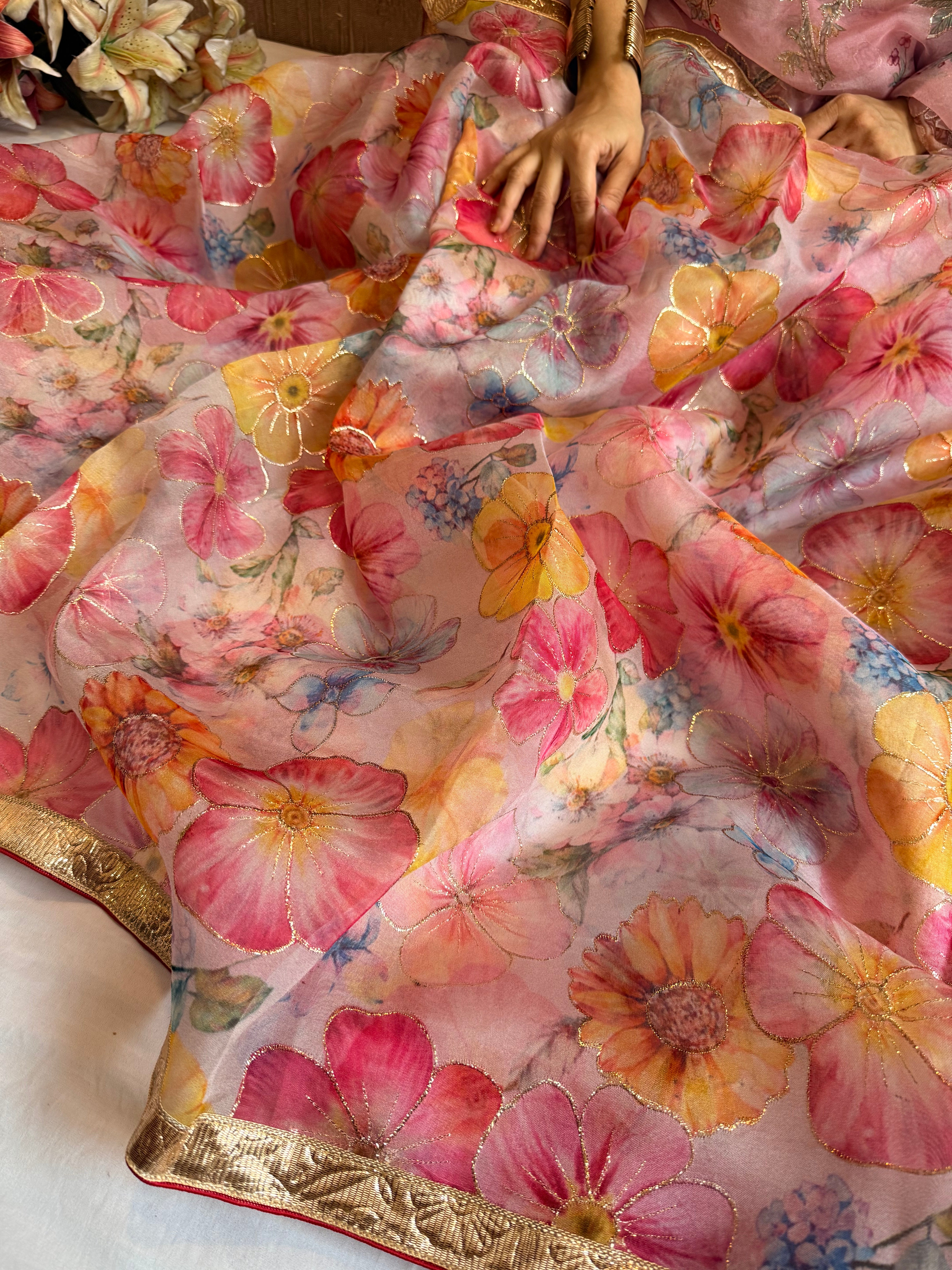 Kora silk printed lampi gotapatti hand embroidered saree
